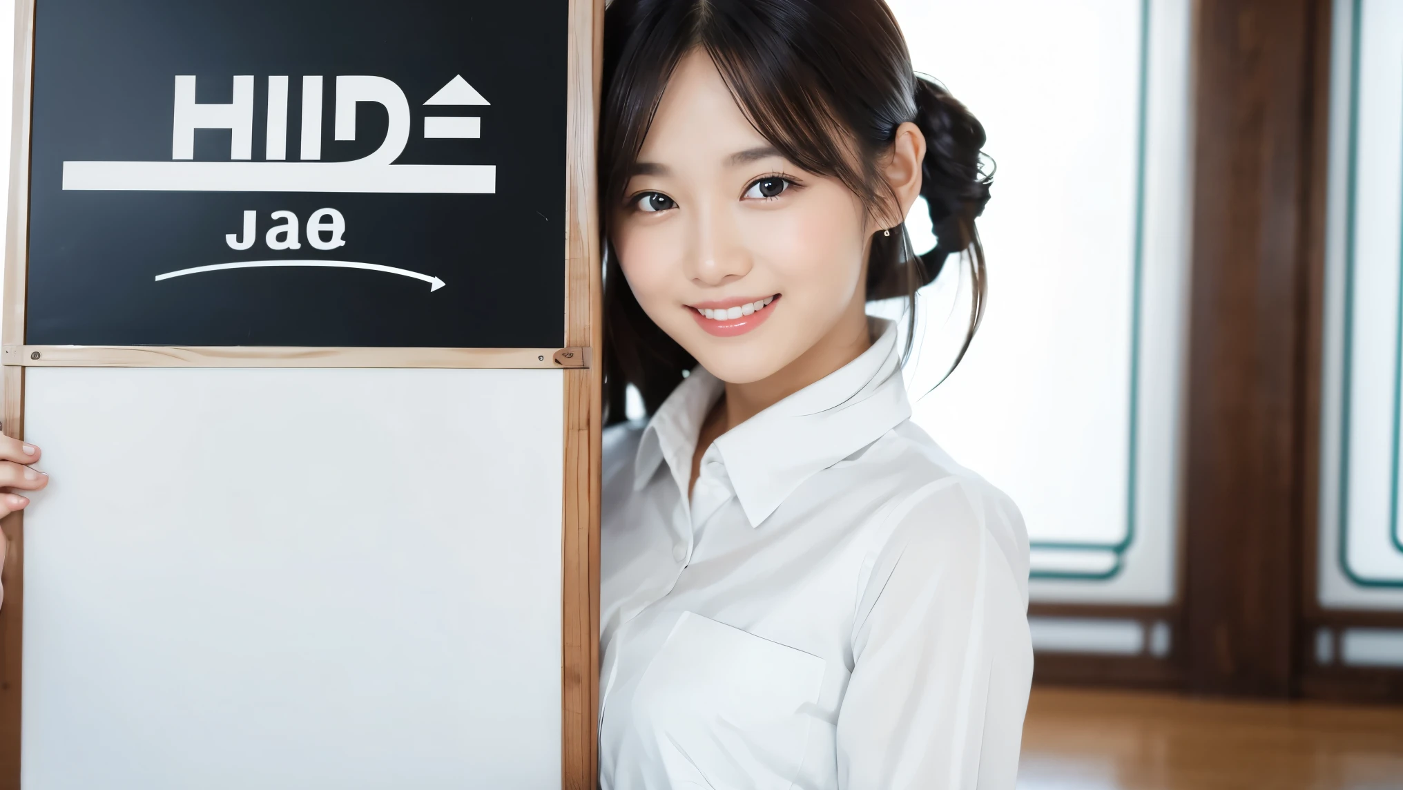 a beautiful woman, holding big white signboard, hiding a big white signboard, face on the white board, white shirts, black skirt, smile