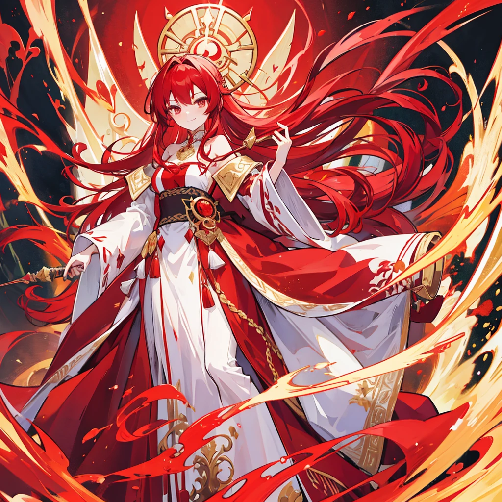 long red hair，Red robe，Beauty，Crimson-gold eyes，Black and red accessories，Holding a golden-red spear，Smile，anime style，Tall