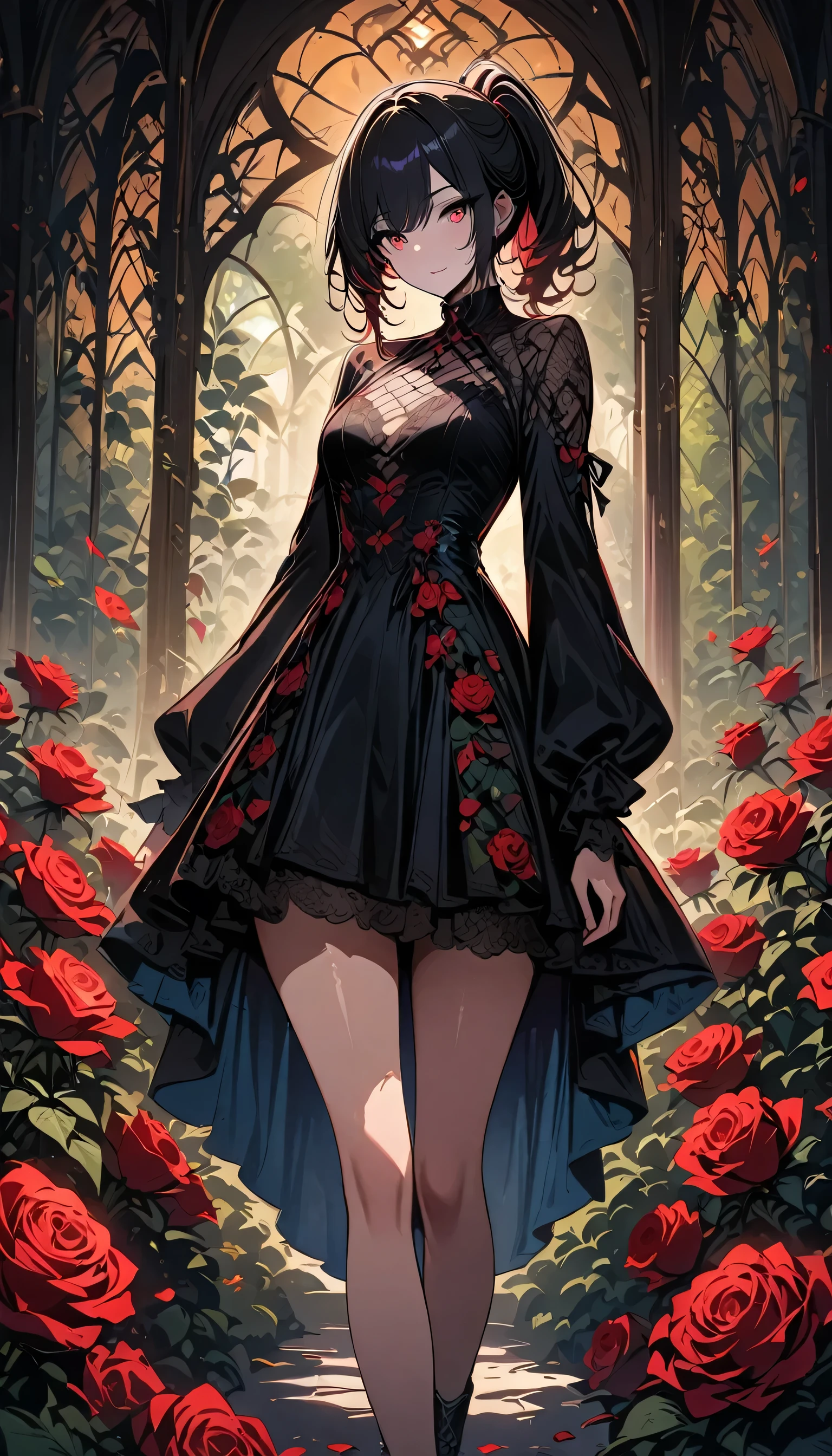 (masterpiece:1.2),(  top quality ),(  very detailed),(  best illustrations),8k,,16k, wallpaper,  Beautiful Woman Who Sweats ,  gothic fashion  ,whole body,(I'm taking a walk along the path where countless black roses were blooming:2.0),  vector art,(  Upper Body Up :2.0),  a day spent with my goth girlfriend 
