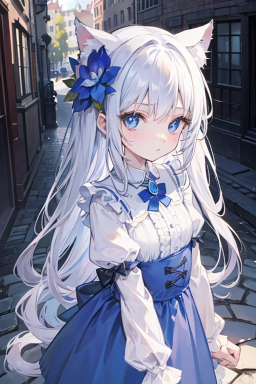toddler girl, walking Cobblestone Street, Blue eyes, big eyes,droopy eyes, With blue flower corsage ,Slender body, upper body, White long hair, cat ears