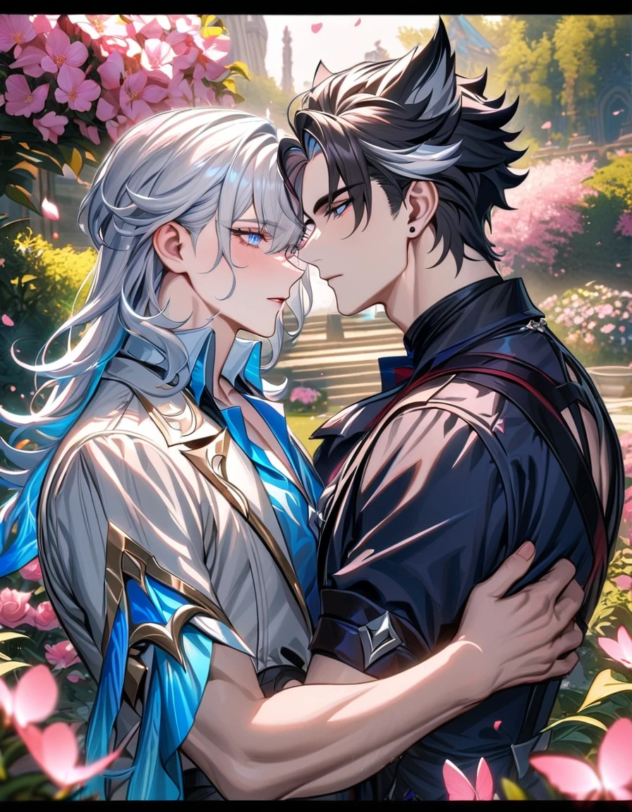 absurdres, highres, ultra detailed, HDR, masterpiece, expressive blue eyes, Wriothesley, black hair, Genshin Impact, Neuvillette, white hair, expressive blue eyes, two men together, gay couple, yaoi, handsome, pink petals, pink butterflies, pink flowers, garden