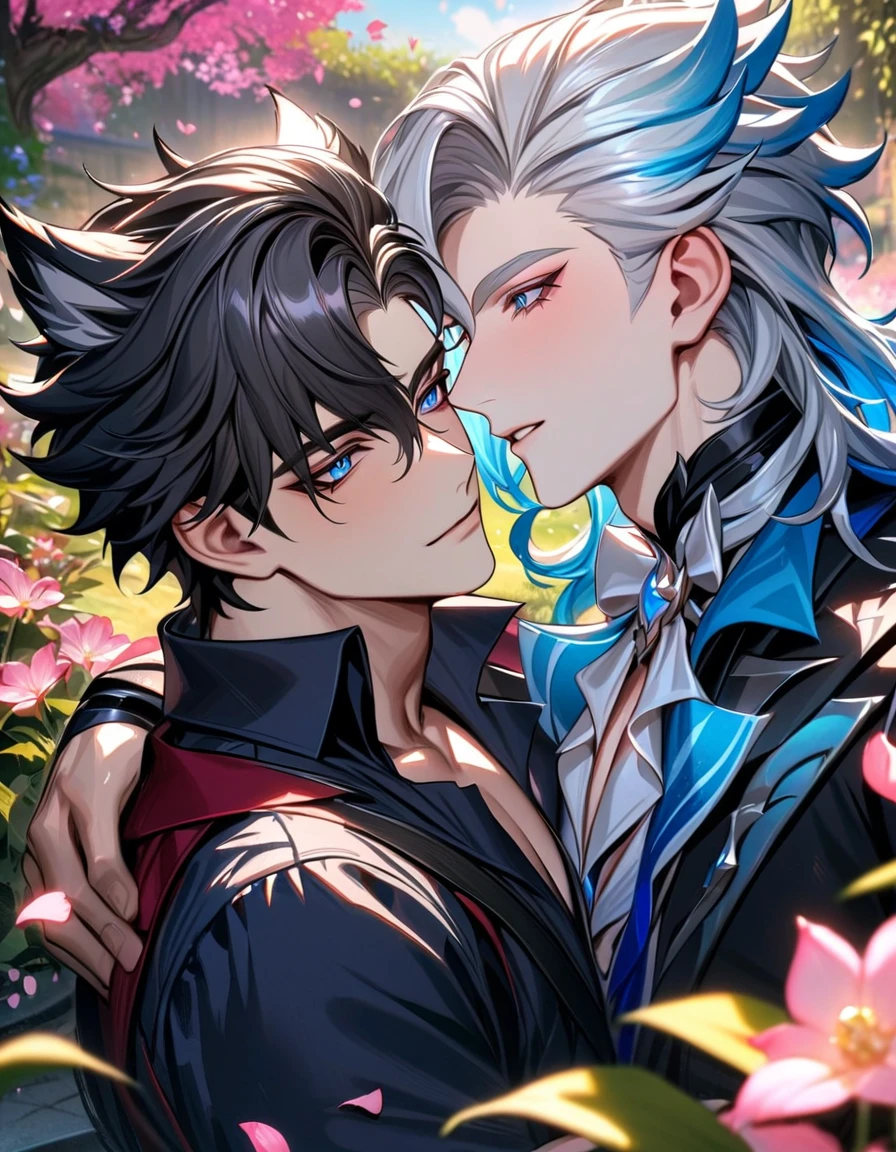 absurdres, highres, ultra detailed, HDR, masterpiece, expressive blue eyes, Wriothesley, black hair, Genshin Impact, Neuvillette, white hair, expressive blue eyes, two men together, gay couple, yaoi, handsome, pink petals, pink butterflies, pink flowers, garden