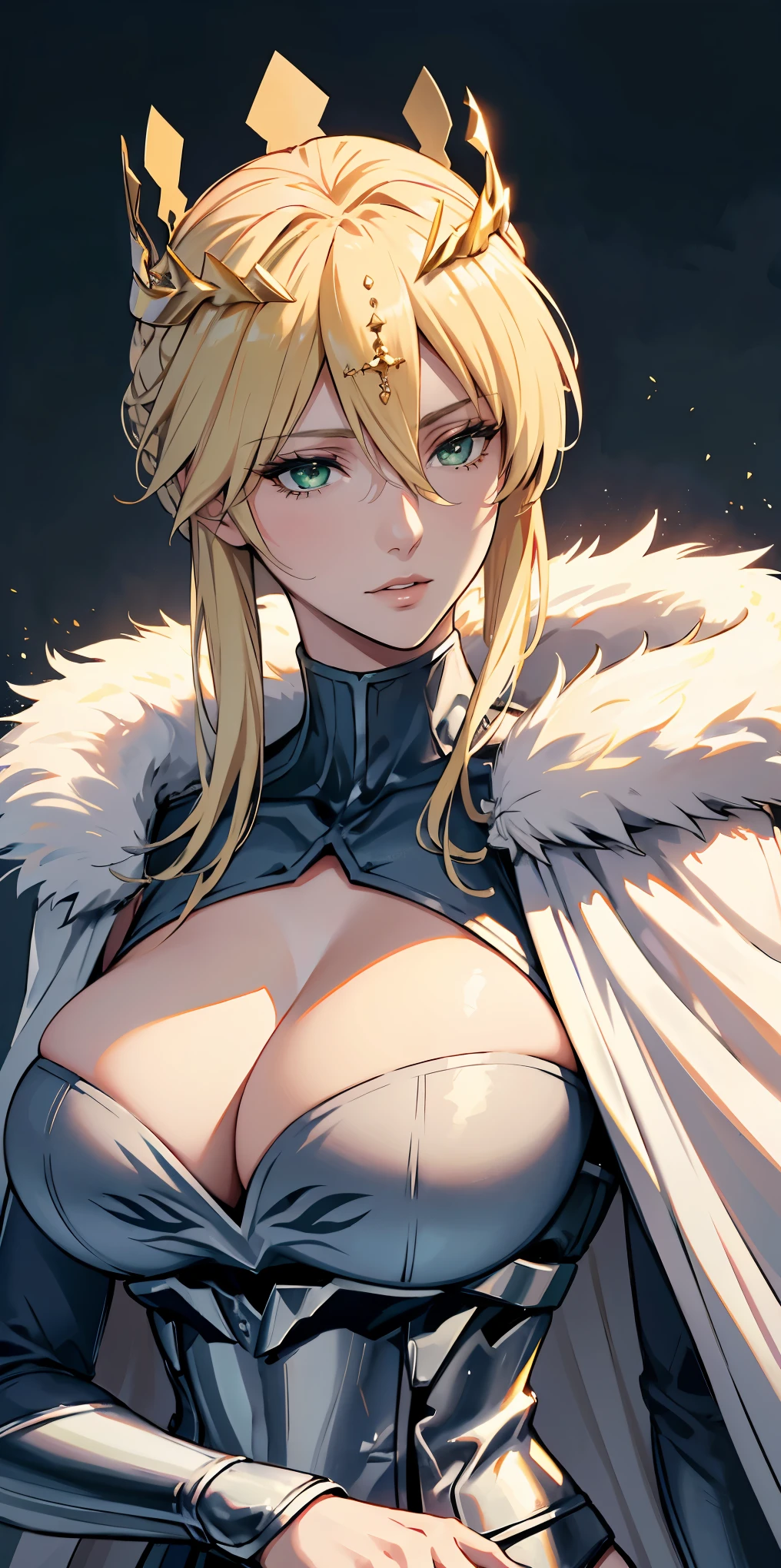 Artoria Lancer, mature woman, elegant, blonde hair, green eyes, casual clothes, crown, white cape, fur trim, portrait, upper body, curvaceous, 4k resolution, high quality