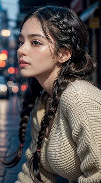 A 1 meter 60 year old busty woman raining with her body all wet and the rain falling on her dress Walking through the city streets with beautiful shoes and braided hair in a complex, elegant style is portrayed in a stunning scene. Your braided hair displays a variety of patterns and textures, demonstrating skill and art in creating the hairstyle. The woman is portrayed with a confident posture, sorridente e orgulhosa, destacando sua beleza e autenticidade. Your facial features are distinct and expressive, reflecting your individuality and inner strength. The scene is softly lit, highlighting the details of the braided hair and the beauty of the woman. Your presence is captivating, conveying a sense of grace and determination. This depiction of a black woman with braided hair is a celebration of black culture and beauty., capturing the elegance and pride of a traditionally significant hairstyle. ela toda molhada