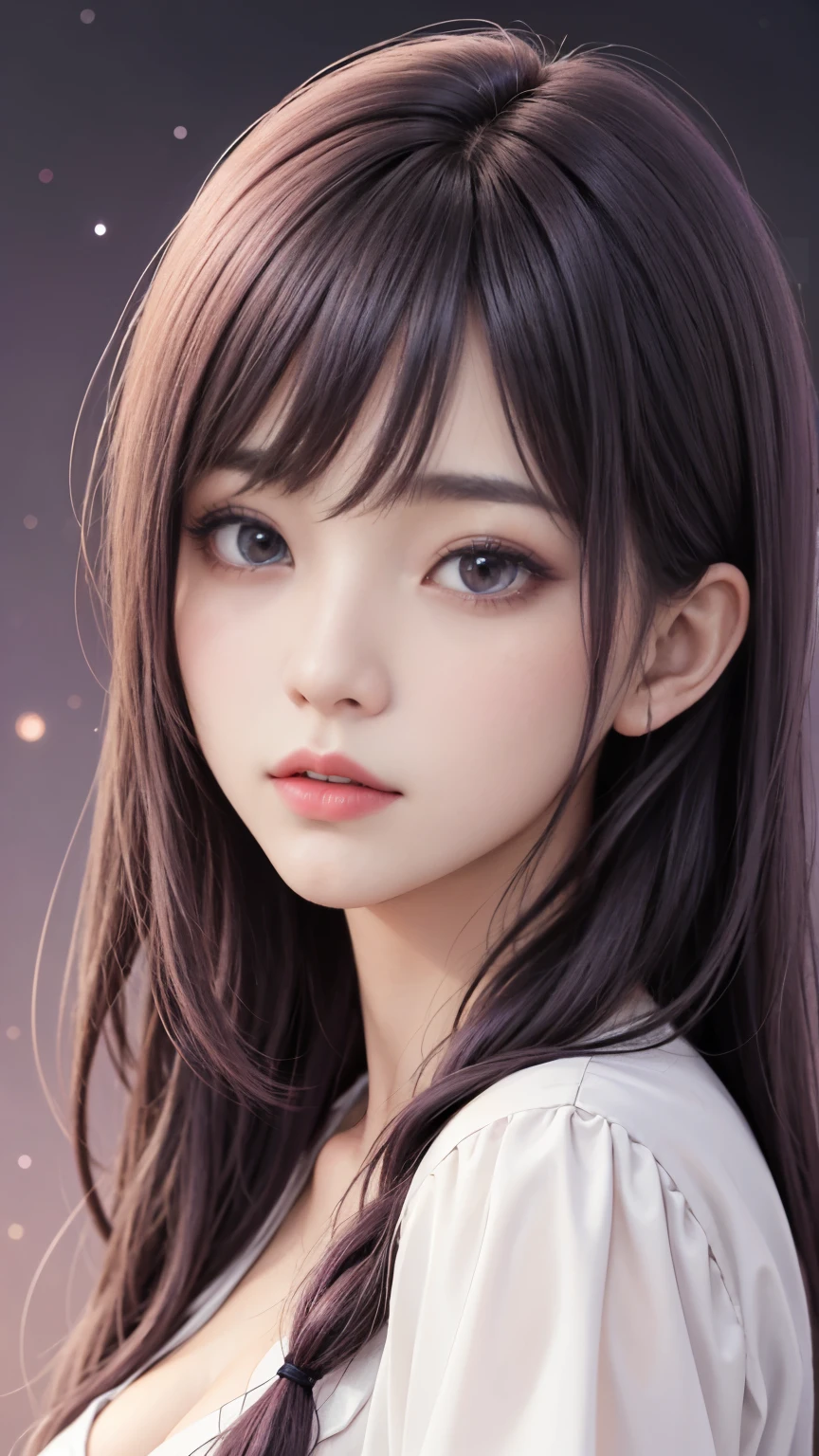 background(Black Night Sky,Big Moon),Close-up of a woman,Wearing a white shirt、Purple Hair,Very long hair,very thick braids,Purple eyes,big , realistic girl rendering, 8k artistic german bokeh, Enchanting girl, Real Girls, Gurwitz, Gurwitz-style artwork, Girl Roleplay, Realistic 3D style, cgstation Popular Topics,, 8K Portrait Rendering,(truth,truth:1.4),Wear pink pajamas,巨big ,Sparkling eyes,Purple eyes