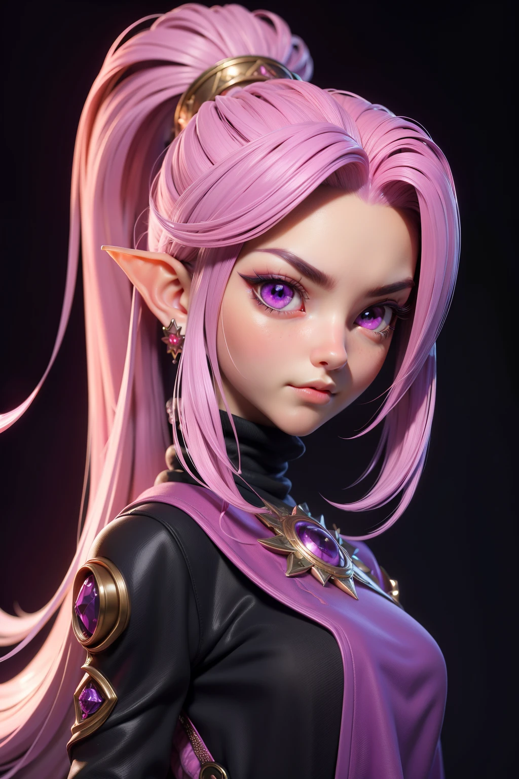 3dmm style,(masterpiece, highest quality, highest quality, Official Art, beautiful and aesthetic:1.2), (Fractal Art:1.3), One girl, beautiful, Detailed, Pinkish purple hair, Pink Eyes, Dim lighting, Serious face, looking the null, null, Medium Shot, Black sweater, jewelry,Jessica.Dragon Quest