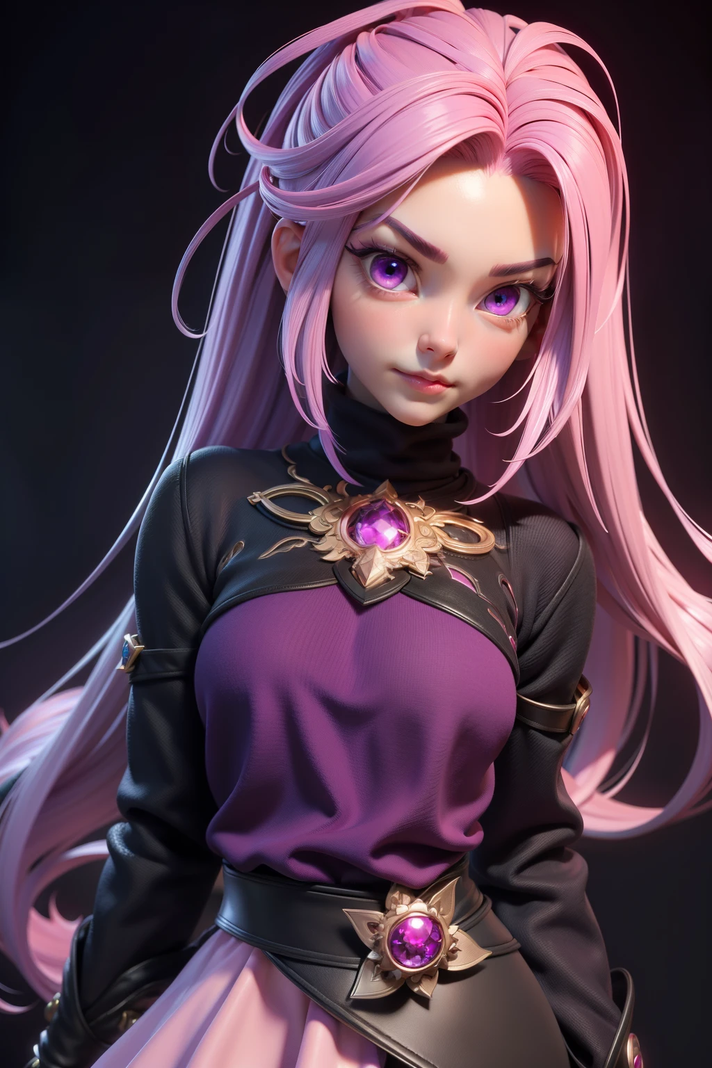 3dmm style,(masterpiece, highest quality, highest quality, Official Art, beautiful and aesthetic:1.2), (Fractal Art:1.3), One girl, beautiful, Detailed, Pinkish purple hair, Pink Eyes, Dim lighting, Serious face, looking the null, null, Medium Shot, Black sweater, jewelry,Jessica.Dragon Quest