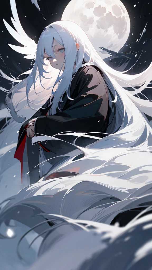 (masterpiece、highest quality)、Very long white hair、Very long white hairの女の1人、Black cardigan、Grim expression、Grey Eyes、Warm lighting、 Blurred foreground、Deep in the night、High Contrast、night,snowing,Heavy snowfall,winter,Alone in the vast snowy field,whole body,curse,Facing forward,Huge construction,Flying with robot wings,Long Hair,Pitch black night,full moon,universe,Princess Kaguya,planet