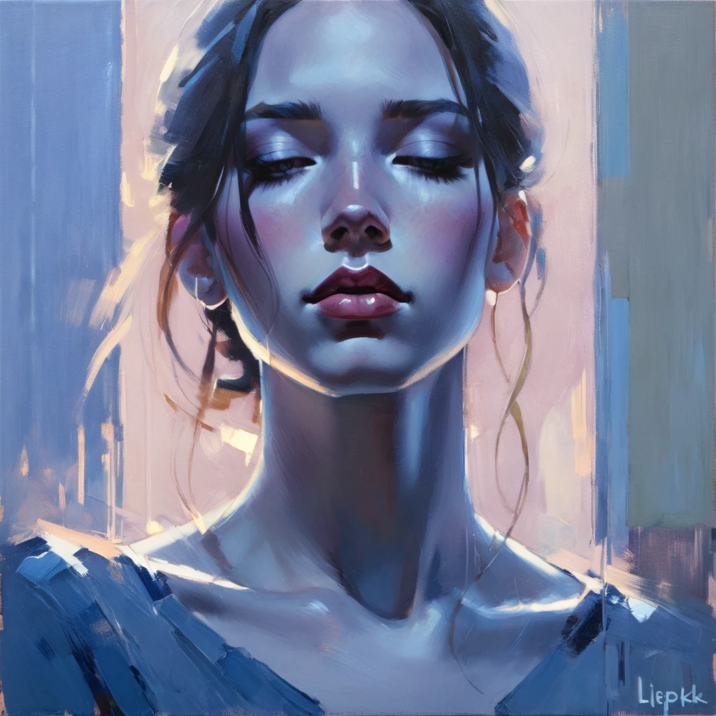 Create an evocative oil painting inspired by Malcolm Liepke, Capture the man's introspective expression and refined mood using thick, expressive brushstrokes. Infuse the painting with a warm, muted color palette, incorporating earthy tones and deep blues. Highlight the dramatic interplay of light and shadow, casting a soft, golden glow from the window. Emphasize the tactile quality of the oil paint and maintain a simple, textured background that complements the subject's contemplative presence. Blurry effect