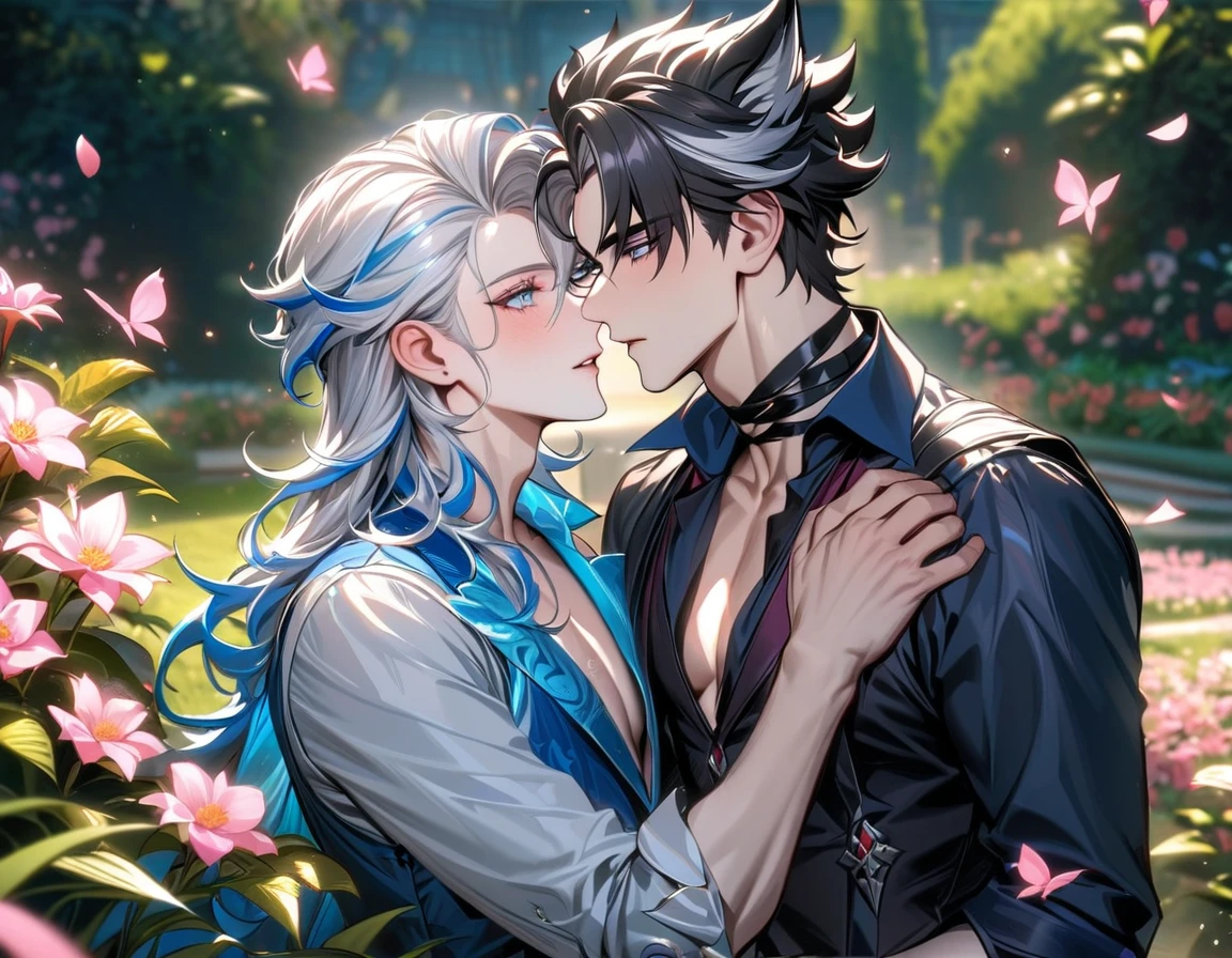 absurdres, highres, ultra detailed, HDR, masterpiece, expressive blue eyes, Wriothesley, black hair, Genshin Impact, Neuvillette, white hair, expressive blue eyes, two men together, gay couple, yaoi, handsome, pink petals, pink butterflies, pink flowers, garden