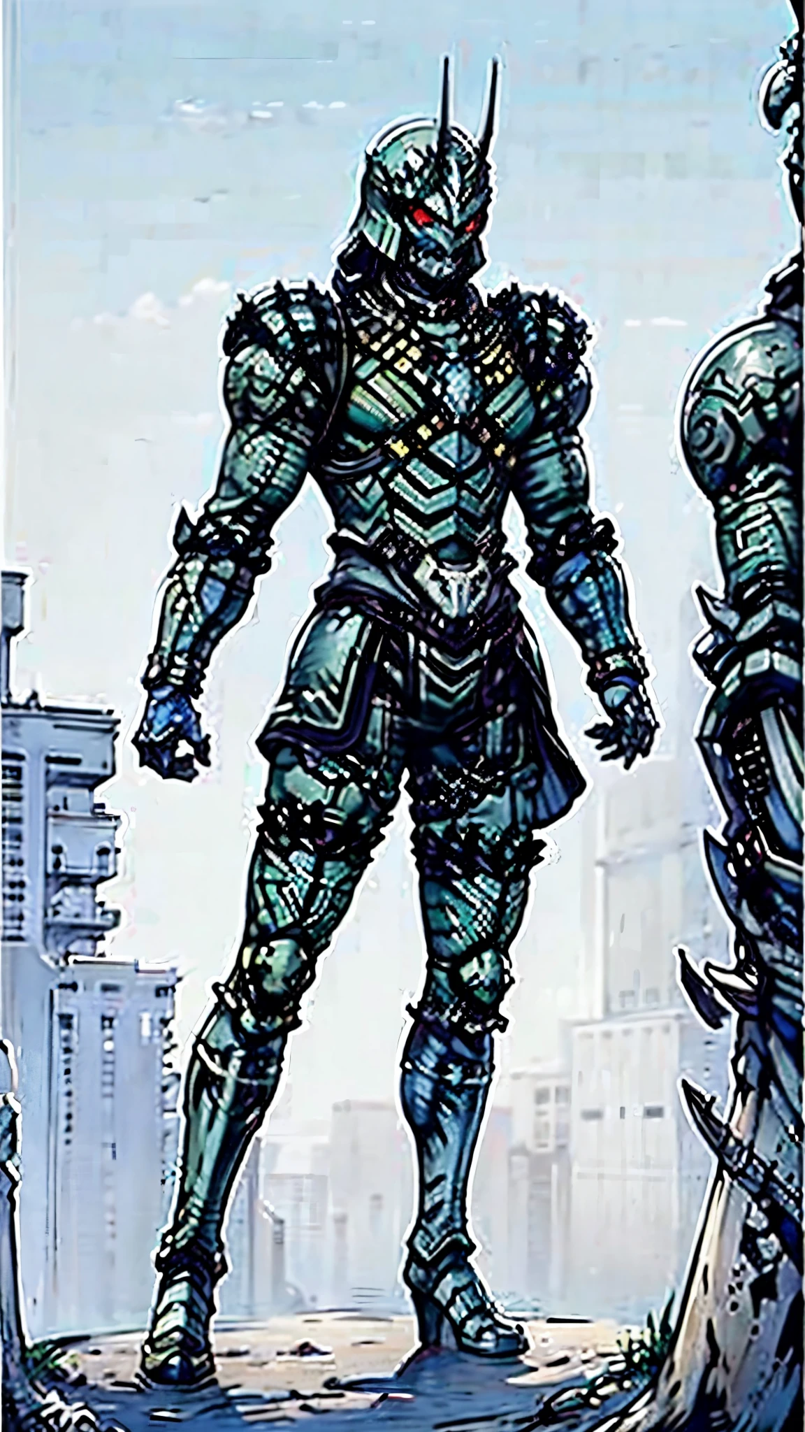 A man wearing a full-face helmet, a fantasy-style biotech armored combat suit, green eyes, (a composite layered chest armor), fully enclosed shoulder guards, matching arm and leg guards, the belt is adorned with fangs biting into gemstone, (the color scheme is primarily white with red and blue accents), the design balances heavy with agility, a high-tech bio-mecha armor, (Armor Concept Inspired by cobra, stand on the top of a skyscraper in a futuristic sci-fi city), this character embodies a finely crafted fantasy-surreal style armored hero in anime style, exquisite and mature manga art style, (battle damage, element, plasma, energy, the armor glows), ((male:1.5)), metallic, real texture material, dramatic, high definition, best quality, highres, ultra-detailed, ultra-fine painting, extremely delicate, professional, perfect body proportions, golden ratio, anatomically correct, symmetrical face, extremely detailed eyes and face, high quality eyes, creativity, RAW photo, UHD, 32k, Natural light, cinematic lighting, masterpiece-anatomy-perfect, masterpiece:1.5