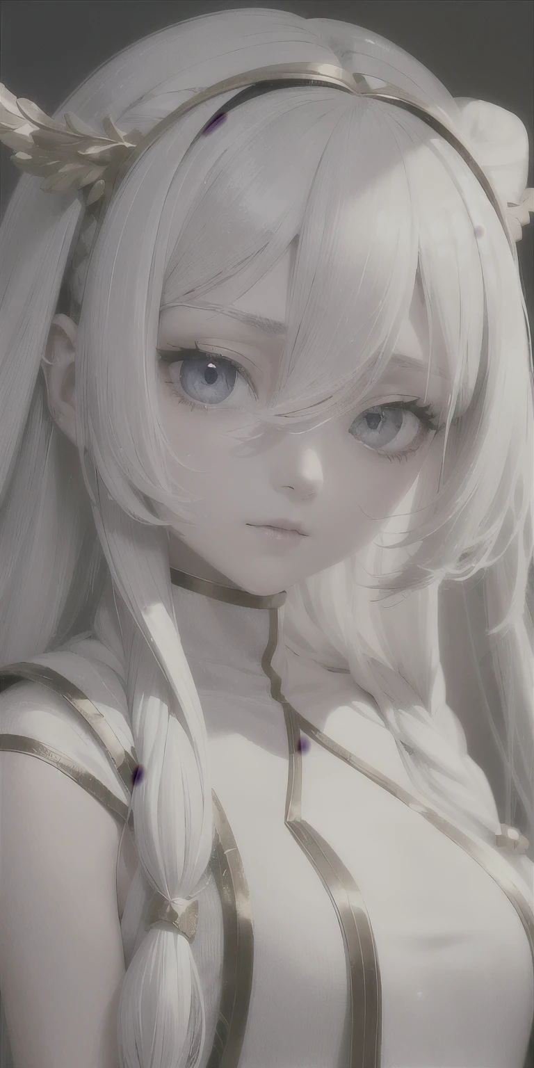 Best quality, Masterpiece,White hair, Golden eyes,White clothes, seek, Upper body,Strand of hair,Fair complexion,Side braids