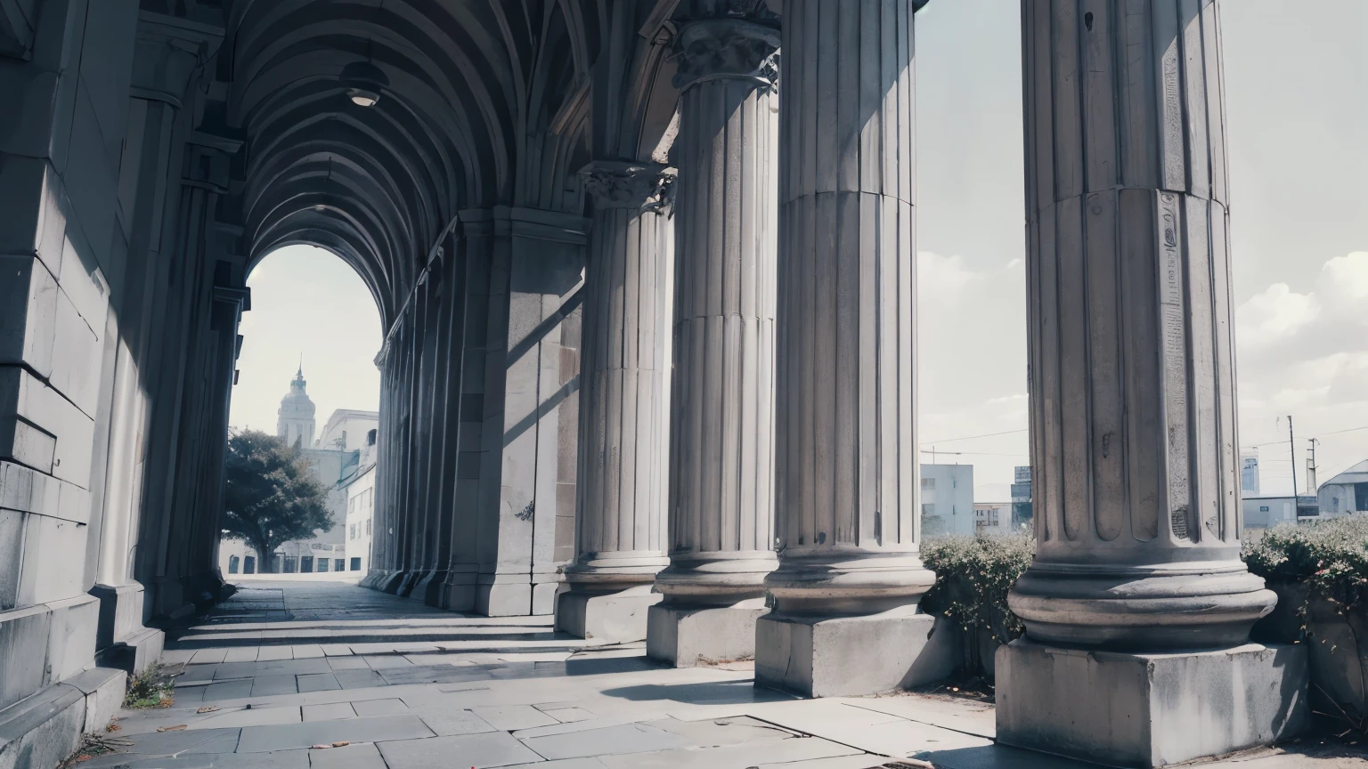 Time-worn columns, roses, vine creeping along the columns, simple flat background without perspective, all in gray tones