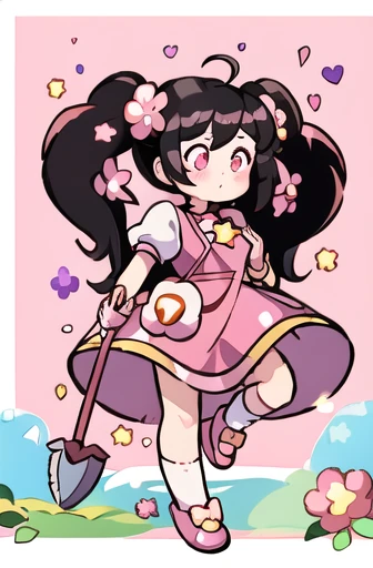 Bee and Puppycat Style, 1girl, solo, blush, black hair, hair ornament, rolled up sleeves, dress, twintails, full body, flower, ahoge, shoes, socks, hair flower, pink eyes, star (symbol), border, pink dress, pink flower, outline, heart hair ornament, mint footwear, holding shovel, pile of dirt, 