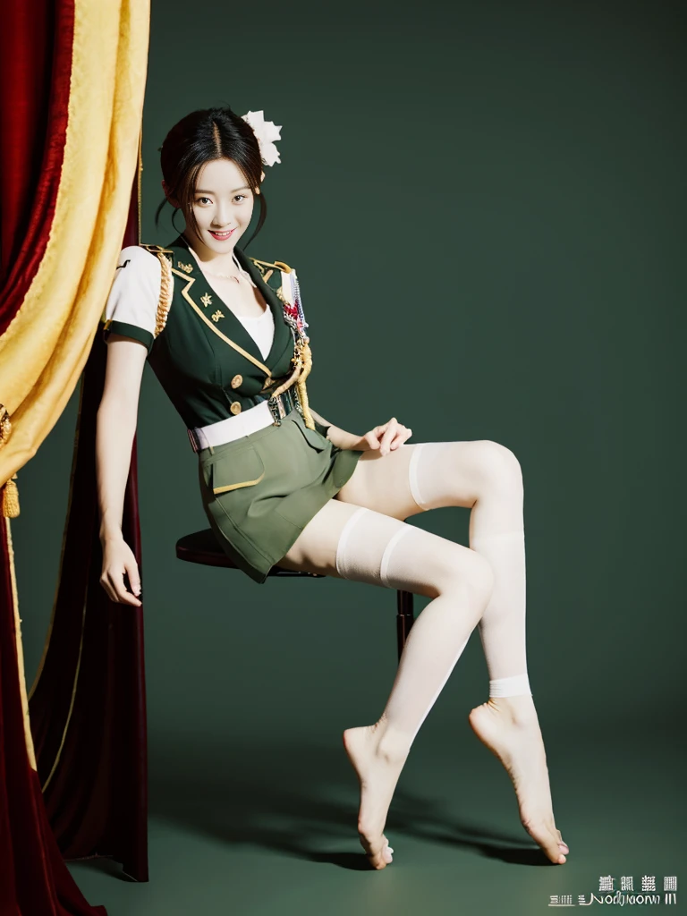 Typically detailed CG Unity 8K wallpaper，（masterpiece），（highest quality），（Super detailed），（Ultra-photorealism），（Best character details：1.36），Nikon D750f / 1.4 55mm，profesional Lighting， Physically Based Rendering, One girl,  Female Soldier，uniform，濃い緑のuniform，長袖uniform，生地の質感 uniform，Pure white lining，The white shirt was soaked with sweat.，The wet fabric of his white shirt is stuck to his chest.，Dark green tie，(Army Green Skirt)，military hat，barefoot，Plump legs，White Stockings，A little bit of her white panties are visible from under her skirt.，Without shoes，Black Hair，Golden Ratio,[:(Detailed facial features:1.2):0.2]:，Purelos Face_v1, Broad shoulders,(Ample breasts:1.5)，(Big Chest:1.5),(Big Ass:1.5),In the four corners，Nice views，Bright Sun，RAW Photos，Front view， Looking at the audience from the front，Lighting，Backlight，Bright smile，White teeth，