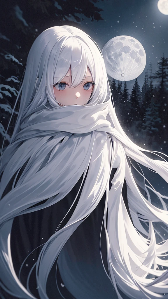 (masterpiece、highest quality)、Very long white hair、Very long white hairの女の1人、Black cardigan、Grim expression、Grey Eyes、Warm lighting、 Blurred foreground、Deep in the night、High Contrast、night,snowing,Heavy snowfall,winter,Alone in the vast snowy field,whole body,curse,Facing forward,Huge construction,Flying with robot wings,Long Hair,Pitch black night,full moon,universe,Princess Kaguya,planet
