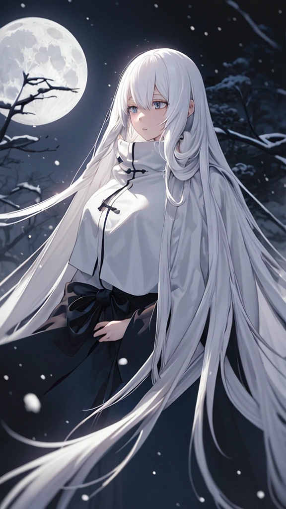 (masterpiece、highest quality)、Very long white hair、Very long white hairの女の1人、Black cardigan、Grim expression、Grey Eyes、Warm lighting、 Blurred foreground、Deep in the night、High Contrast、night,snowing,Heavy snowfall,winter,Alone in the vast snowy field,whole body,curse,Facing forward,Huge construction,Flying with robot wings,Long Hair,Pitch black night,full moon,universe,Princess Kaguya,planet