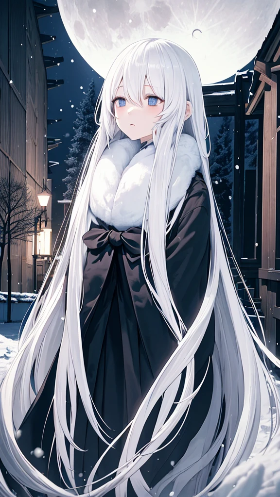 (masterpiece、highest quality)、Very long white hair、Very long white hairの女の1人、Black cardigan、Grim expression、Grey Eyes、Warm lighting、 Blurred foreground、Deep in the night、High Contrast、night,snowing,Heavy snowfall,winter,Alone in the vast snowy field,whole body,curse,Facing forward,Huge construction,Flying with robot wings,Long Hair,Pitch black night,full moon,universe,Princess Kaguya,planet