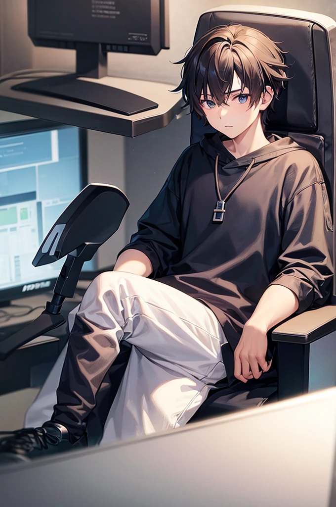 a 15 year old boy s with medium size hair sitting in a gaming chair he an streamer