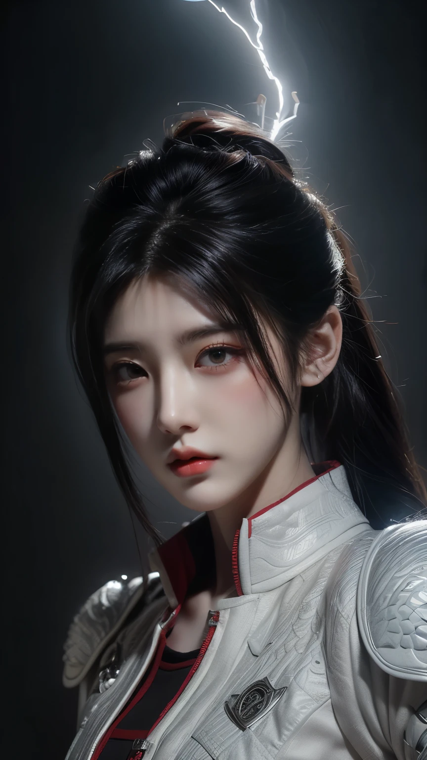 tmasterpiece,Best quality,A high resolution,8K,(Portrait photograph:1.5),(ROriginal photo),real photograph,digital photography,(Combination of cyberpunk and fantasy style),(Female soldier),20 year old girl,random hair style,By bangs,(Red eyeigchest, accessories,Redlip,(He frowned,Sneer),(Cyberpunk combined with fantasy style clothing,Openwork design,joint armor,police uniforms,White jacket,Red),exposing your navel,Photo pose,Realisticstyle,Thunder and lightning on rainy day,(Thunder magic),oc render reflection texture