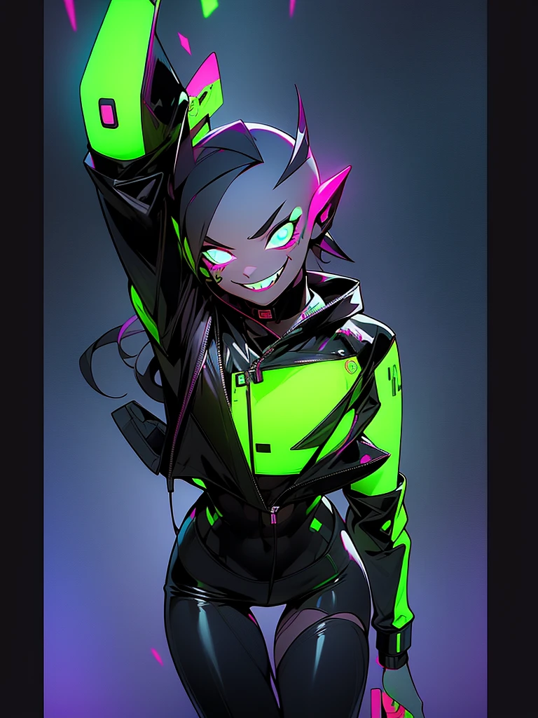 perfil de lado, a Androgynous in a green detalhes neon, Nijiexpressive_VI, hoodie standing ( ( bit flip | god of ai art ) ), beautiful smile mad! android woman, by Ram baleia orca alien, Androgynous character humana, cheio de armas, exoesqueleto cinza, detalhes neon, neon black smoke, naves pequenas ao redor, featured on amiami, trending on artstaion, cd jacket, horrific yet beautiful vibe, sligengine, artstatiom, inspired by Tokyo Ghoul, Niji_smile: 1> formato da imagem 3:4