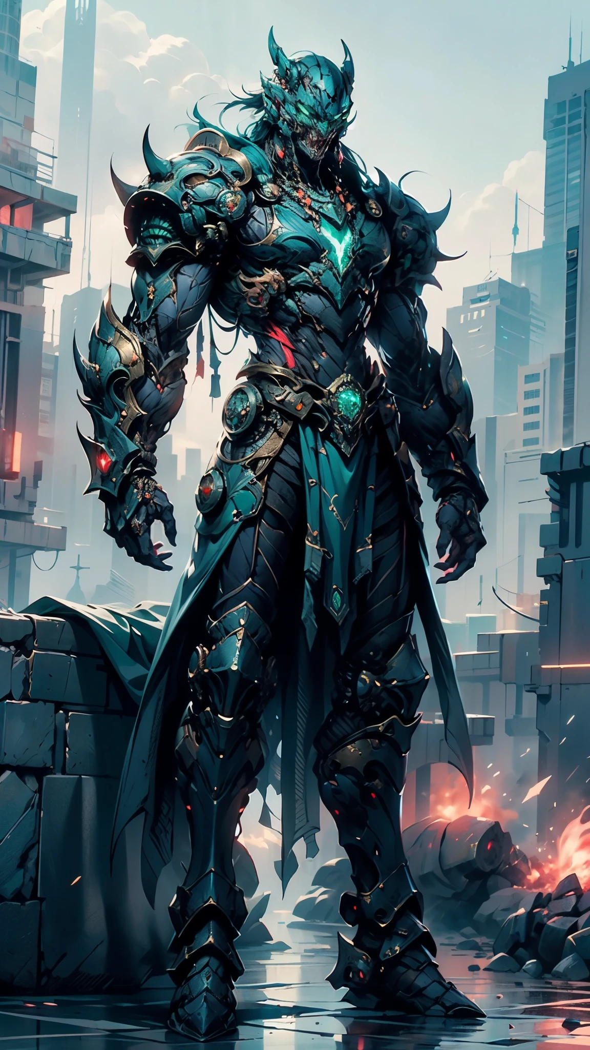 A man wearing a full-face helmet, a fantasy-style biotech armored combat suit, green eyes, (a composite layered chest armor), fully enclosed shoulder guards, matching arm and leg guards, the belt is adorned with fangs biting into gemstone, (the color scheme is primarily white with red and blue accents), the design balances heavy with agility, a high-tech bio-mecha armor, (Armor Concept Inspired by cobra, stand on the top of a skyscraper in a futuristic sci-fi city), this character embodies a finely crafted fantasy-surreal style armored hero in anime style, exquisite and mature manga art style, (battle damage, element, plasma, energy, the armor glows), ((male:1.5)), metallic, real texture material, dramatic, high definition, best quality, highres, ultra-detailed, ultra-fine painting, extremely delicate, professional, perfect body proportions, golden ratio, anatomically correct, symmetrical face, extremely detailed eyes and face, high quality eyes, creativity, RAW photo, UHD, 32k, Natural light, cinematic lighting, masterpiece-anatomy-perfect, masterpiece:1.5