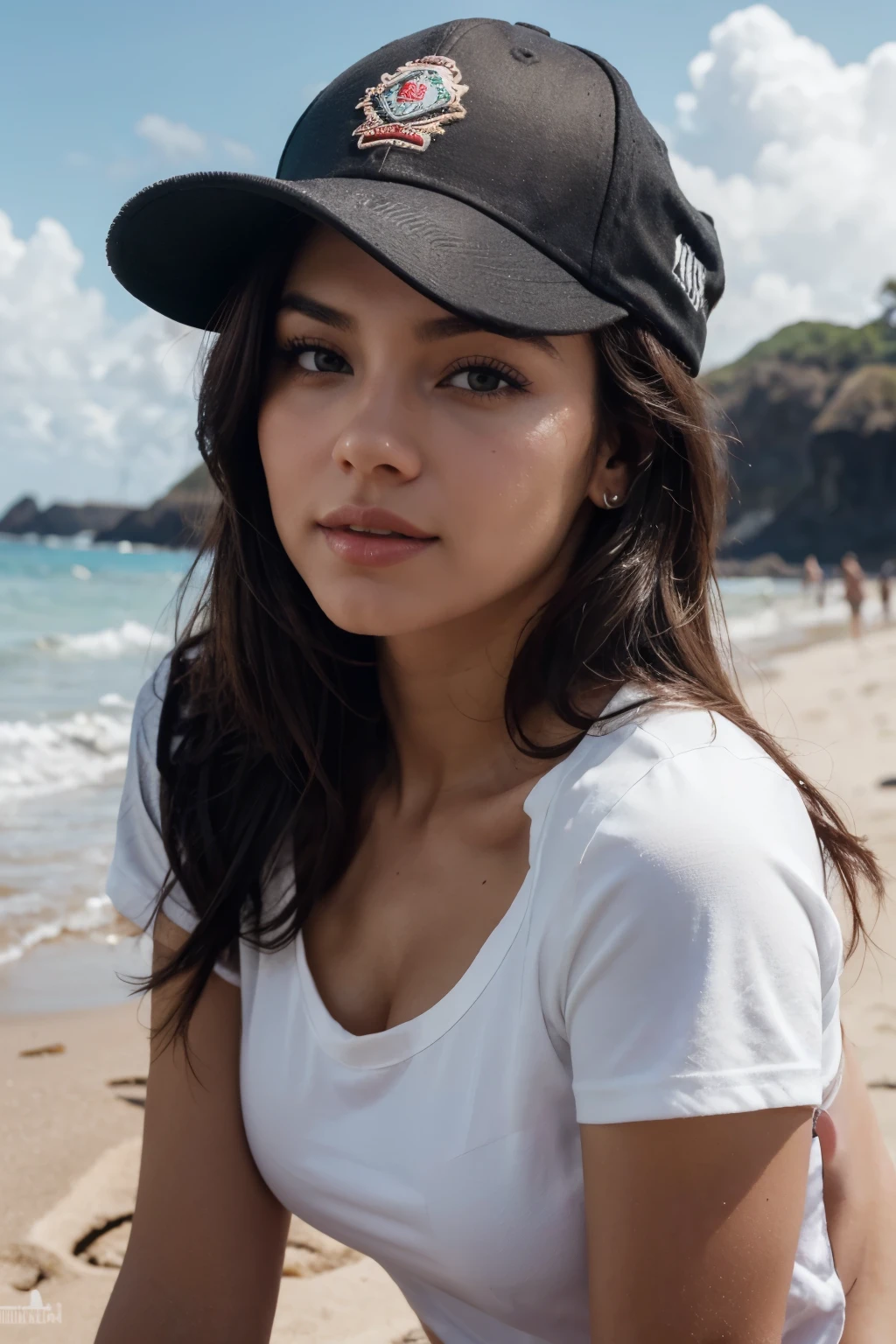 Christen Harper con una hermosa cara madura, cabello recogido, cejas grandes y tatuadas, con senos extra grandes. Mirando directamente al espectador, brunette, Representado de manera realista, wearing a black baseball cap and white t-shirt that complements his hair color, mostrando sus hombros y cuello, voluptuosa, con un bronceado acentuado y joyas elegantes, lipstick staining her lips, nariz definida, sonriendo en la playa de Galapagos