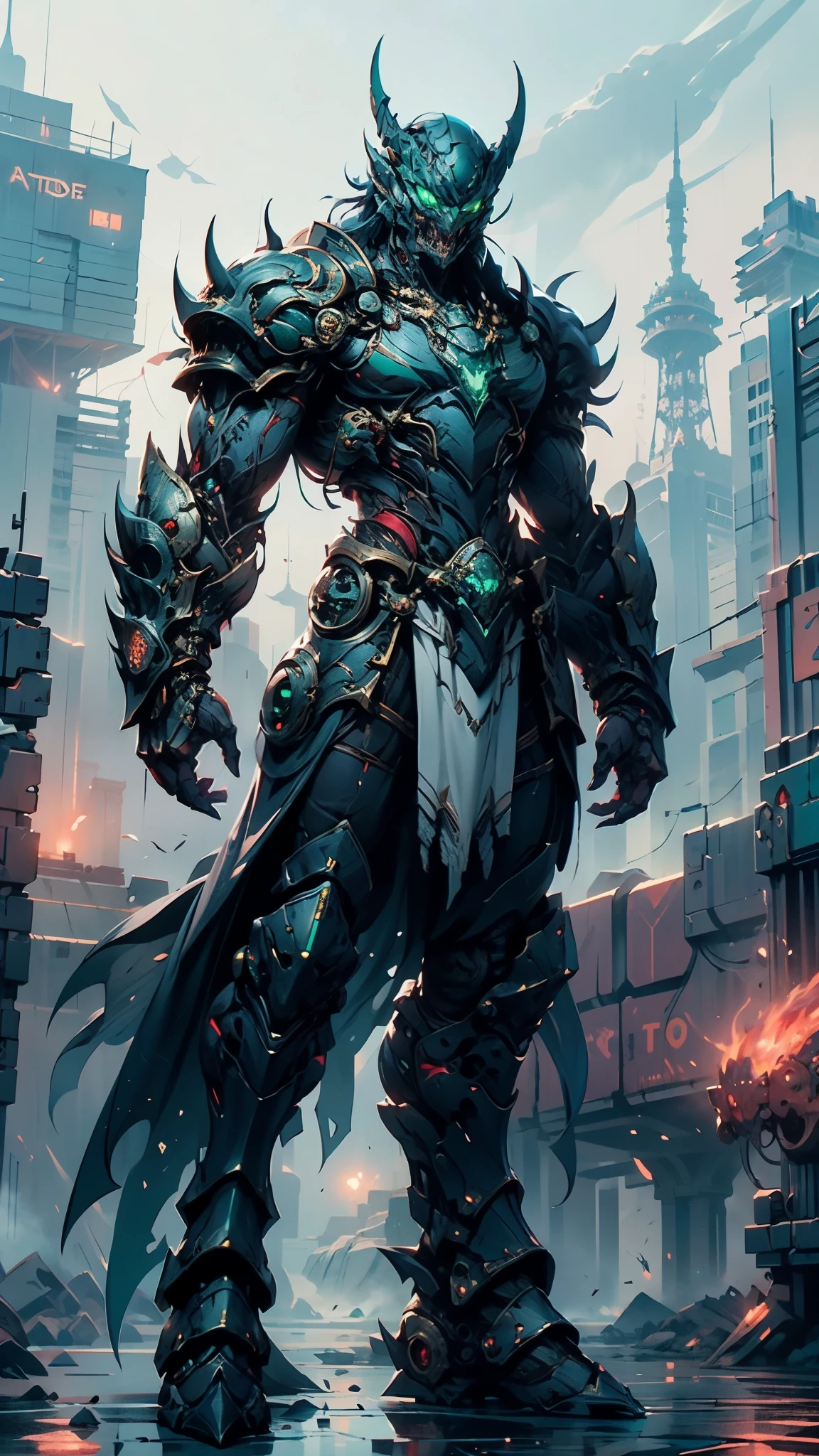 A man wearing a full-face helmet, a fantasy-style biotech armored combat suit, green eyes, (a composite layered chest armor), fully enclosed shoulder guards, matching arm and leg guards, the belt is adorned with fangs biting into gemstone, (the color scheme is primarily white with red and blue accents), the design balances heavy with agility, a high-tech bio-mecha armor, (Armor Concept Inspired by cobra, stand on the top of a skyscraper in a futuristic sci-fi city), this character embodies a finely crafted fantasy-surreal style armored hero in anime style, exquisite and mature manga art style, (battle damage, element, plasma, energy, the armor glows), ((male:1.5)), metallic, real texture material, dramatic, high definition, best quality, highres, ultra-detailed, ultra-fine painting, extremely delicate, professional, perfect body proportions, golden ratio, anatomically correct, symmetrical face, extremely detailed eyes and face, high quality eyes, creativity, RAW photo, UHD, 32k, Natural light, cinematic lighting, masterpiece-anatomy-perfect, masterpiece:1.5