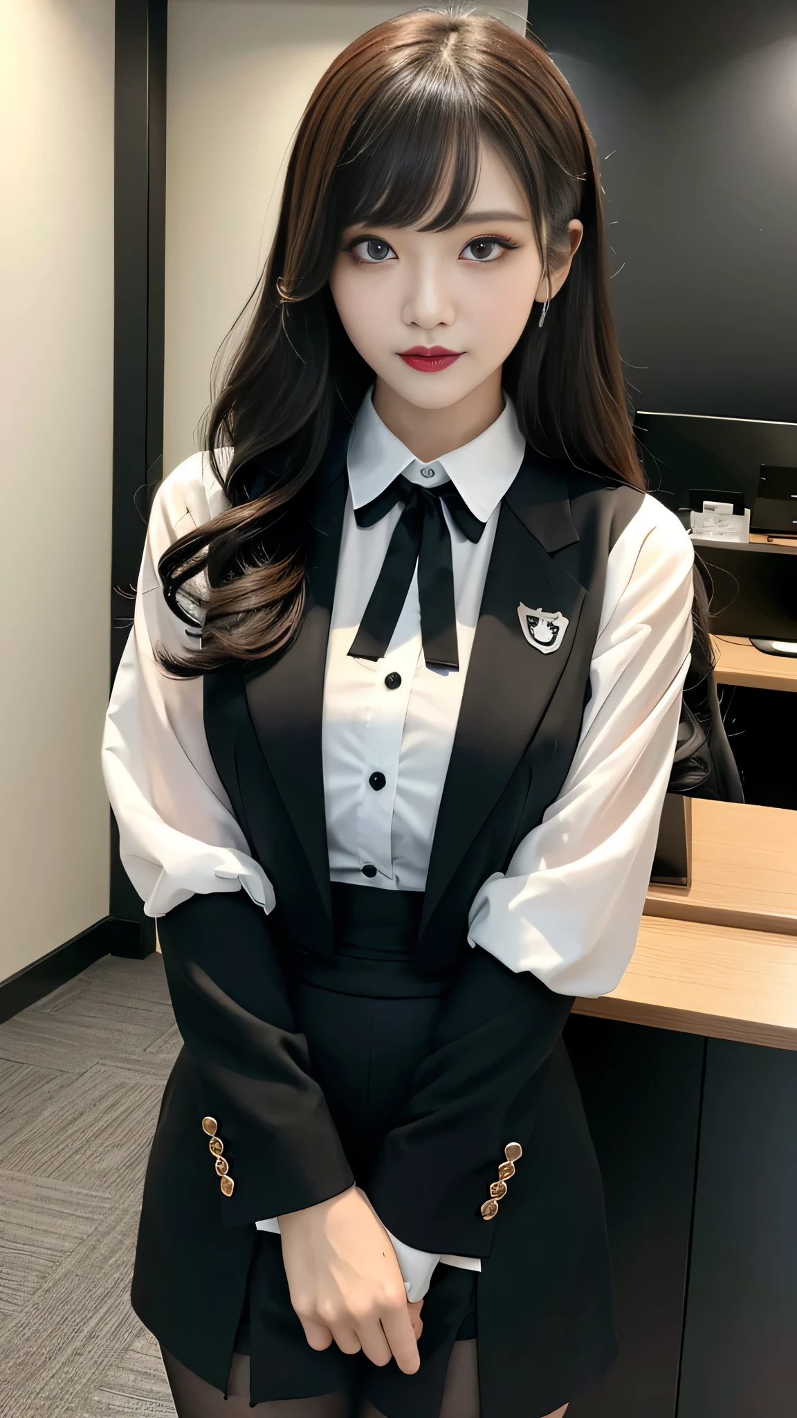 best quality、ultra-detailed、4k、Japanese、Seductive beauty、seductive adult woman、Pretty Woman、cool girl、Villainess、Brainwashed、brainwash、Fallen into evil、smirk、Evil look、Wicked Smile、evil、Brown hair、wavy hair、swept bangs、dark makeup、dark makeup、piercing eyes、hollow eyes,half-closed eyes、Hollow Eyes、purple Eyeshadow、black lipstick、black lipglos、office staff suit、White Shirt、Black Ribbon、Tight Skirt、pantyhose、night、inside darkroom、Applying lipstick、Emblem of Evil、Crest of Darkness、Swear allegiance、I have pledged my allegiance、Dye black、Blackening、Stained with evil、Dyed in darkness、Seduce