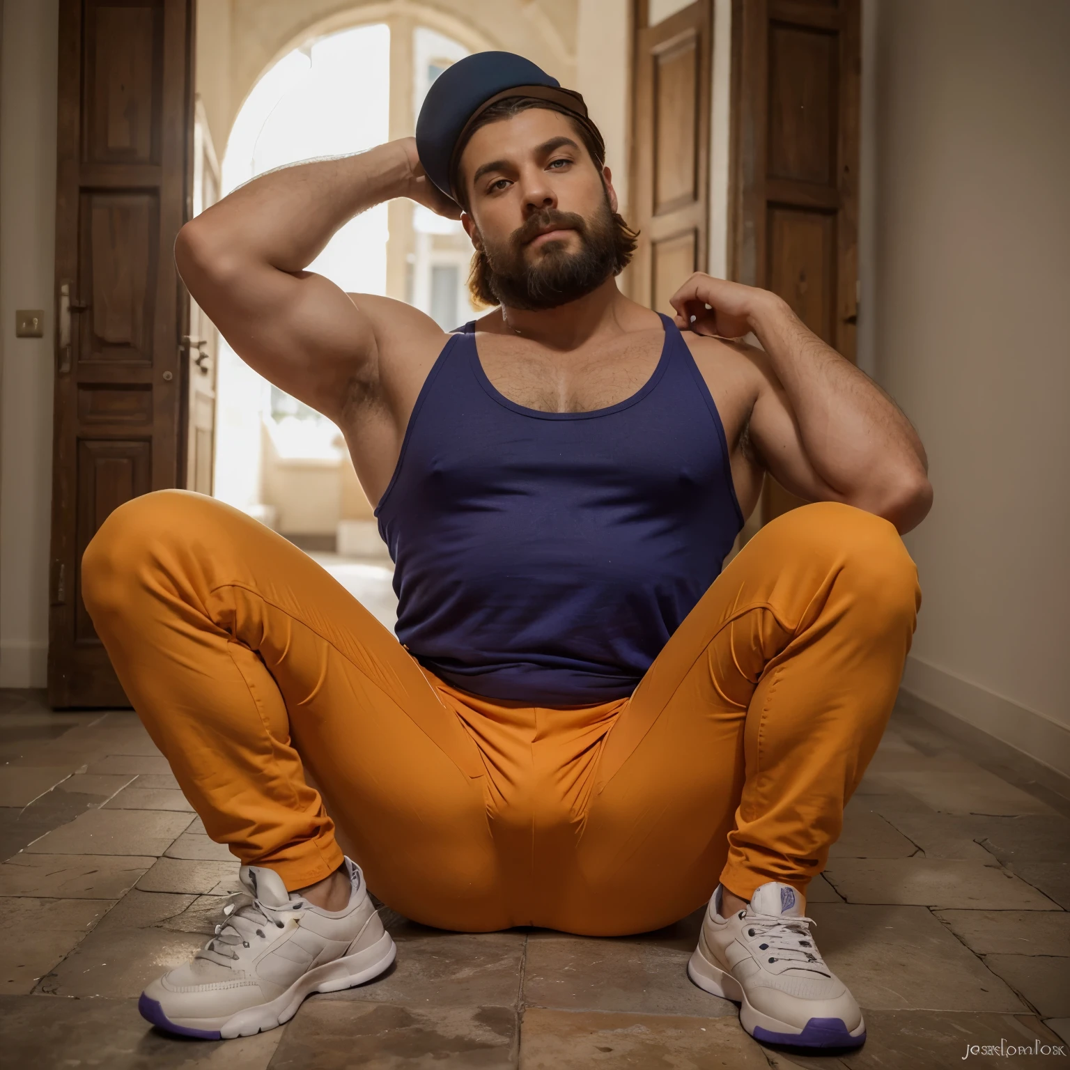 Il s'appelle Leo. Avec ses yeux d'un bleu profond, contrastant avec sa peau violette, il attire immédiatement l'attention. Ses muscles saillants lui donnent une allure intimidante, accentuated by his long nose and carefully trimmed mustache. Ses cheveux roux flamboyants encadrent son visage, contrastant avec ses sourcils jaunes vifs. Il porte une chemise rouge ajustée qui met en valeur sa silhouette musclée, matched with bright orange pants. Sur sa tête repose un chapeau jaune éclatant, adding a touch of fantasy to its already unique appearance. His green shoes barely seem to hold back his boundless energy. Despite its imposing stature, il dégage une aura de jeunesse et de beauté, avec des ailes délicates émergeant de son dos. Big and scary at first sight, il révèle une douceur inattendue à ceux qui prennent le temps de le connaître.