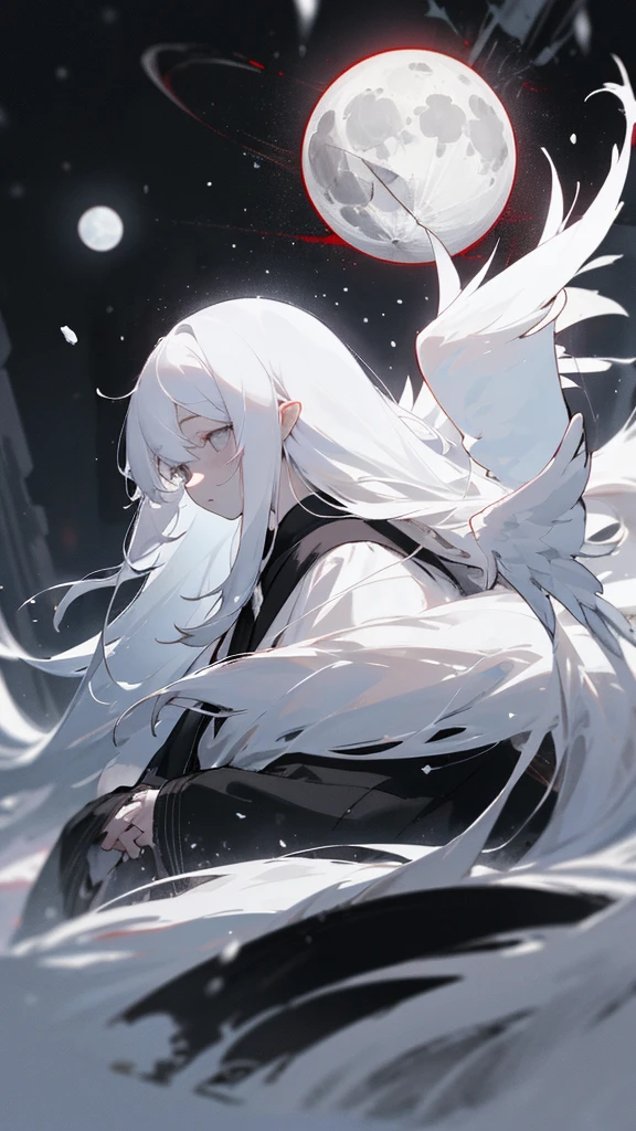 (masterpiece、highest quality)、Very long white hair、Very long white hairの女の1人、Black cardigan、Grim expression、Grey Eyes、Warm lighting、 Blurred foreground、Deep in the night、High Contrast、night,snowing,Heavy snowfall,winter,Alone in the vast snowy field,whole body,curse,Facing forward,Huge construction,Flying with robot wings,Long Hair,Pitch black night,full moon,universe,Princess Kaguya,planet,red