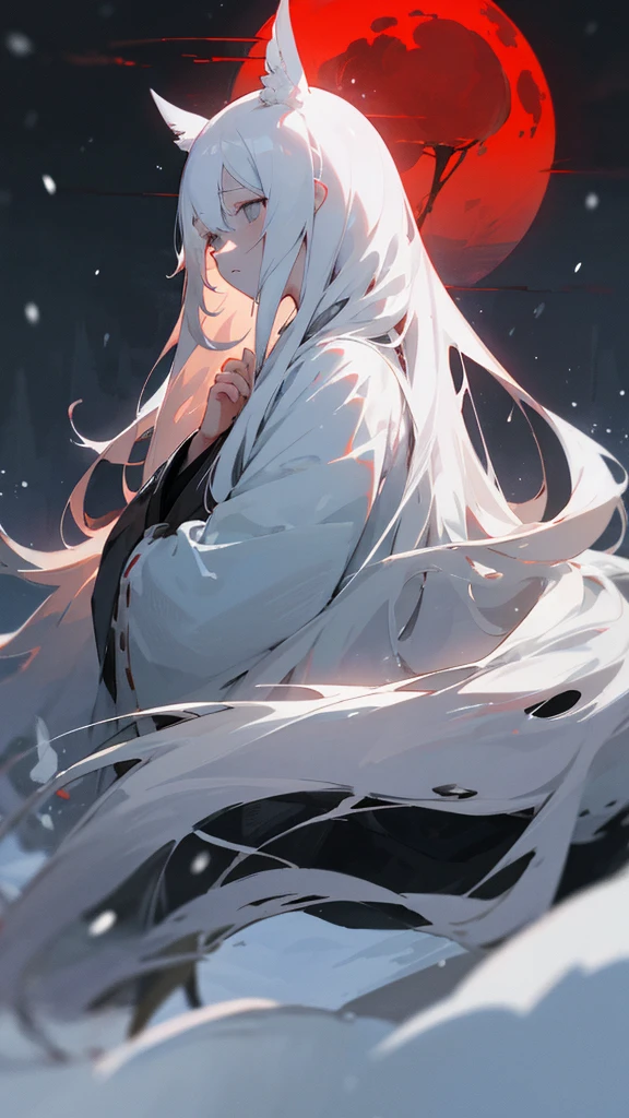 (masterpiece、highest quality)、Very long white hair、Very long white hairの女の1人、Black cardigan、Grim expression、Grey Eyes、Warm lighting、 Blurred foreground、Deep in the night、High Contrast、night,snowing,Heavy snowfall,winter,Alone in the vast snowy field,whole body,curse,Facing forward,Huge construction,Flying with robot wings,Long Hair,Pitch black night,full moon,universe,Princess Kaguya,planet,red