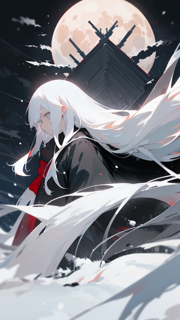 (masterpiece、highest quality)、Very long white hair、Very long white hairの女の1人、Black cardigan、Grim expression、Grey Eyes、Warm lighting、 Blurred foreground、Deep in the night、High Contrast、night,snowing,Heavy snowfall,winter,Alone in the vast snowy field,whole body,curse,Facing forward,Huge construction,Flying with robot wings,Long Hair,Pitch black night,full moon,universe,Princess Kaguya,planet,red