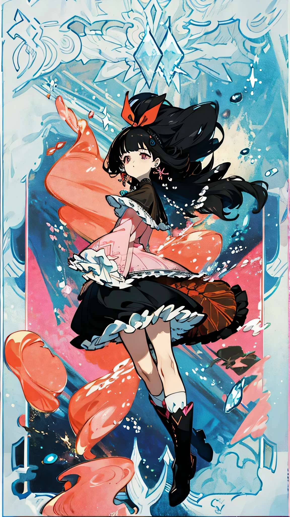 under the sea, woman, sad, tearful, floating, looking up, long hair, very long hair, hime cut, blunt bangs, black hair, pink eyes, slender,( gothic ta), long sleeves, blouse, frilled clothing, hair ribbon, earrings, gloves, knee socks, boots, ribbon, nail polish, makeup, water drop, bubble, tears, teardrop, underwater, many jewelrys,many corals, best quality, full body, dynamic angle,(cool style 1.2),(beautiful style 1.2),