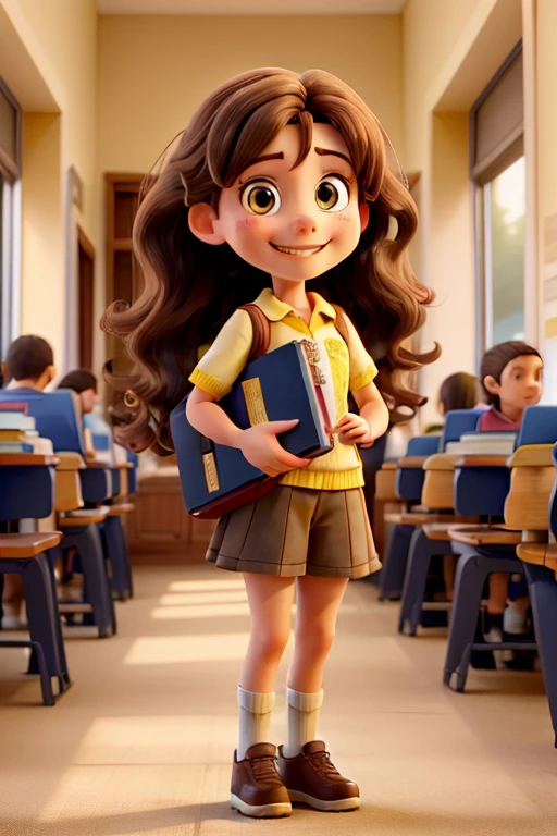 A young Caucasian girl with long, wavy brown hair, standing on her feet in her  neat, well-organized school hallways, carrying lots of yellow books in her hands. a proud smile on her face. Cute face. Cute expressions
