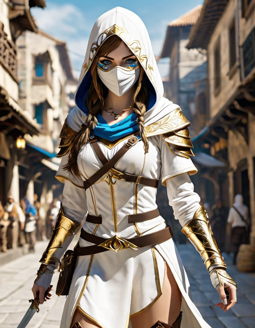 A full-body shot of Princess Zelda, brown hair, blue eyes, dressed as an Assassin from Assassins Creed, in white+gold witha white mask and hood with gold details, XL bust, using a wrist blade. Background: A city during the renaissance period. Unreal Engine 5, Anime, Anime style, Masterpiece, Well drawn eyes, well drawn face, well detailed eyes, well detailed face, 8k, light and shadow effect.
