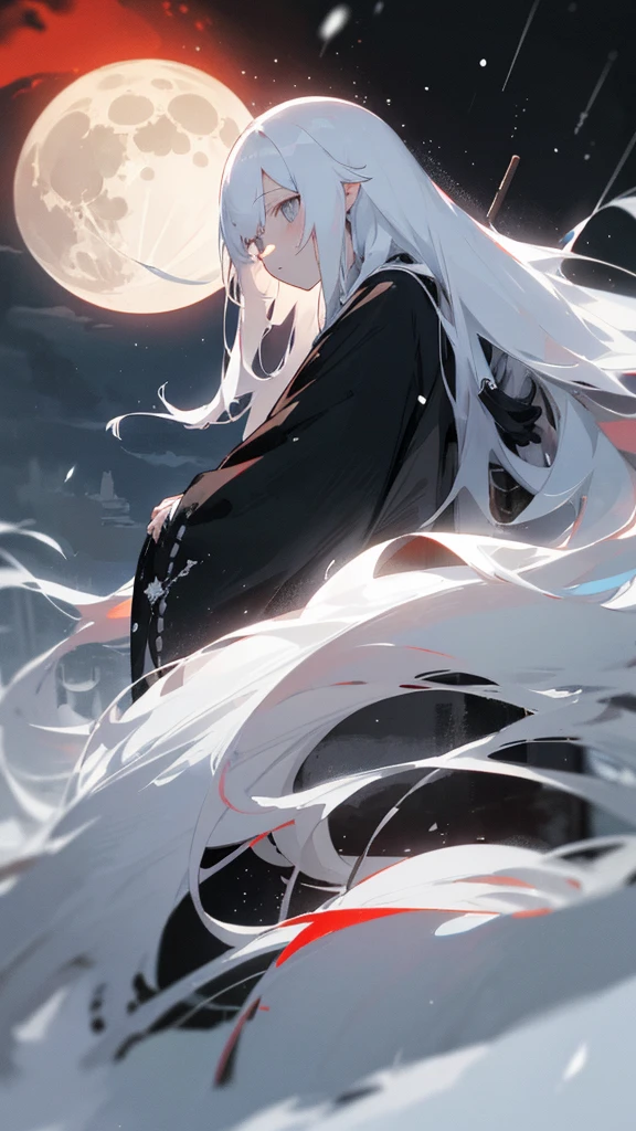 (masterpiece、highest quality)、Very long white hair、Very long white hairの女の1人、Black cardigan、Grim expression、Grey Eyes、Warm lighting、 Blurred foreground、Deep in the night、High Contrast、night,snowing,Heavy snowfall,winter,Alone in the vast snowy field,whole body,curse,Facing forward,Huge construction,Flying with robot wings,Long Hair,Pitch black night,full moon,universe,Princess Kaguya,planet,red