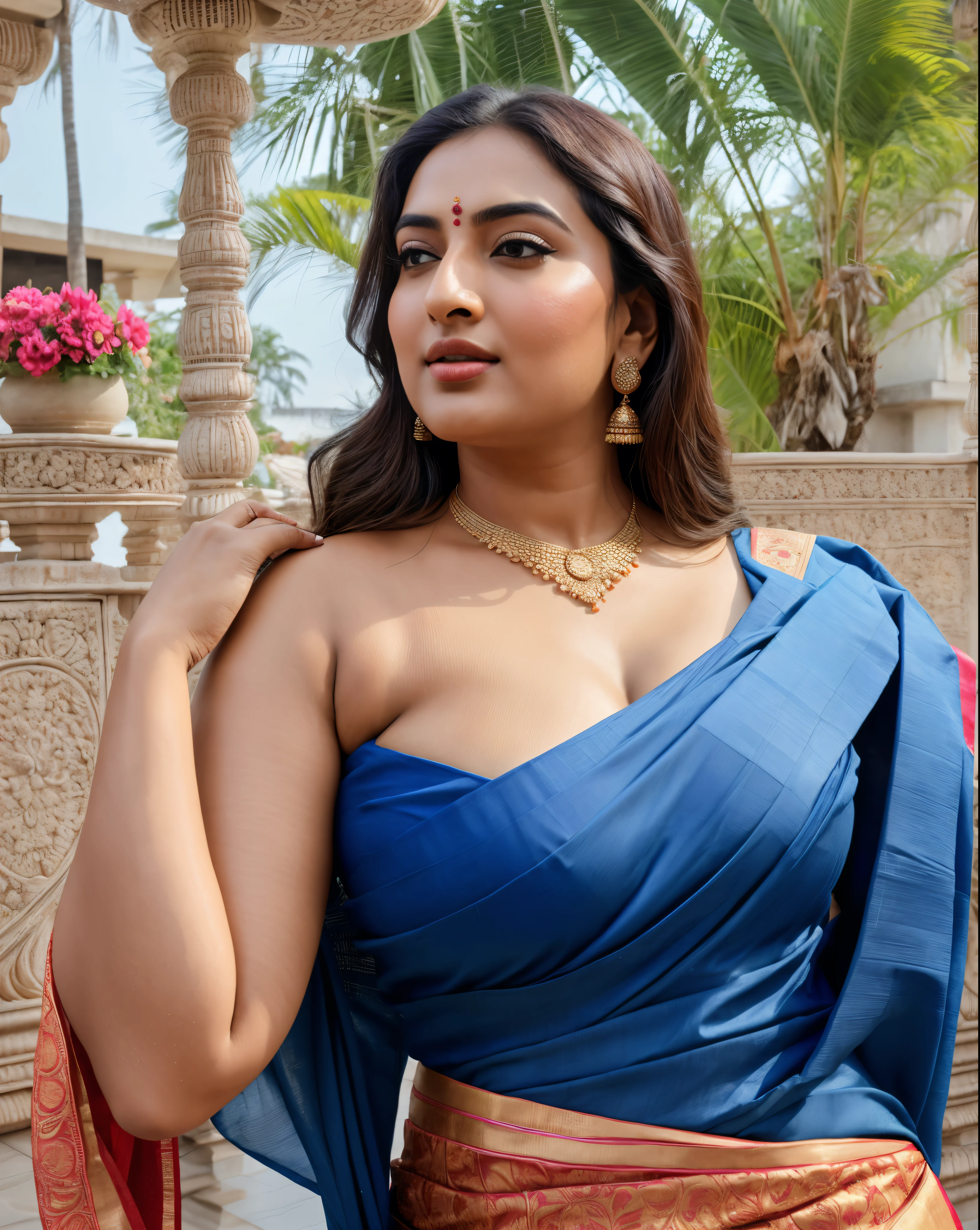 Foto RAW, photorealistic, photography, full body shot, master shot, perfect eyes, goddess like beauty, pierced eyes, perfect thick chubby mallu Desi aunty bhabhi, Wearing a Stanapatta, a chest-band.Saree model, model Photography, Indian saree shoot, Indian traditional wear advertising photography, traditional wear brand shoot, face of Indian actress Sonakshi Sinha, masterpiece, realistic, realism, incredible details, pleasure, photorealism, detailed skin, skin pores, high contrast, photorealistic Artstation 8k HD digital art trend of high definition and detailed realistic skin texture, ultra detail, realistic skin texture, armature, best quality, ultra high definition, (photorealistic:1.4),, high resolution, detail, raw photo, sweat, Re sharp, by Lee Jefferies Nikon D850 Film Stock Photo 4 Kodak Portra 400 Camera F1.6 Lens Rich Color Ultra Real Realistic Realistic Textures Dramatic Lighting Unreal Engine Trending at Art Station Cinestill 800,(pele altamente detalhada: 1.2), 8k UHD, DSLR, soft-lighting, alta qualidade, grain of film, Fujifilm XT3,she didn't like to wear blouse or bra, she is happy to wear only saree, she hates blouse or bra, detailed hairy armpits, hyper realistic skin, skin pores, sweat, veins,