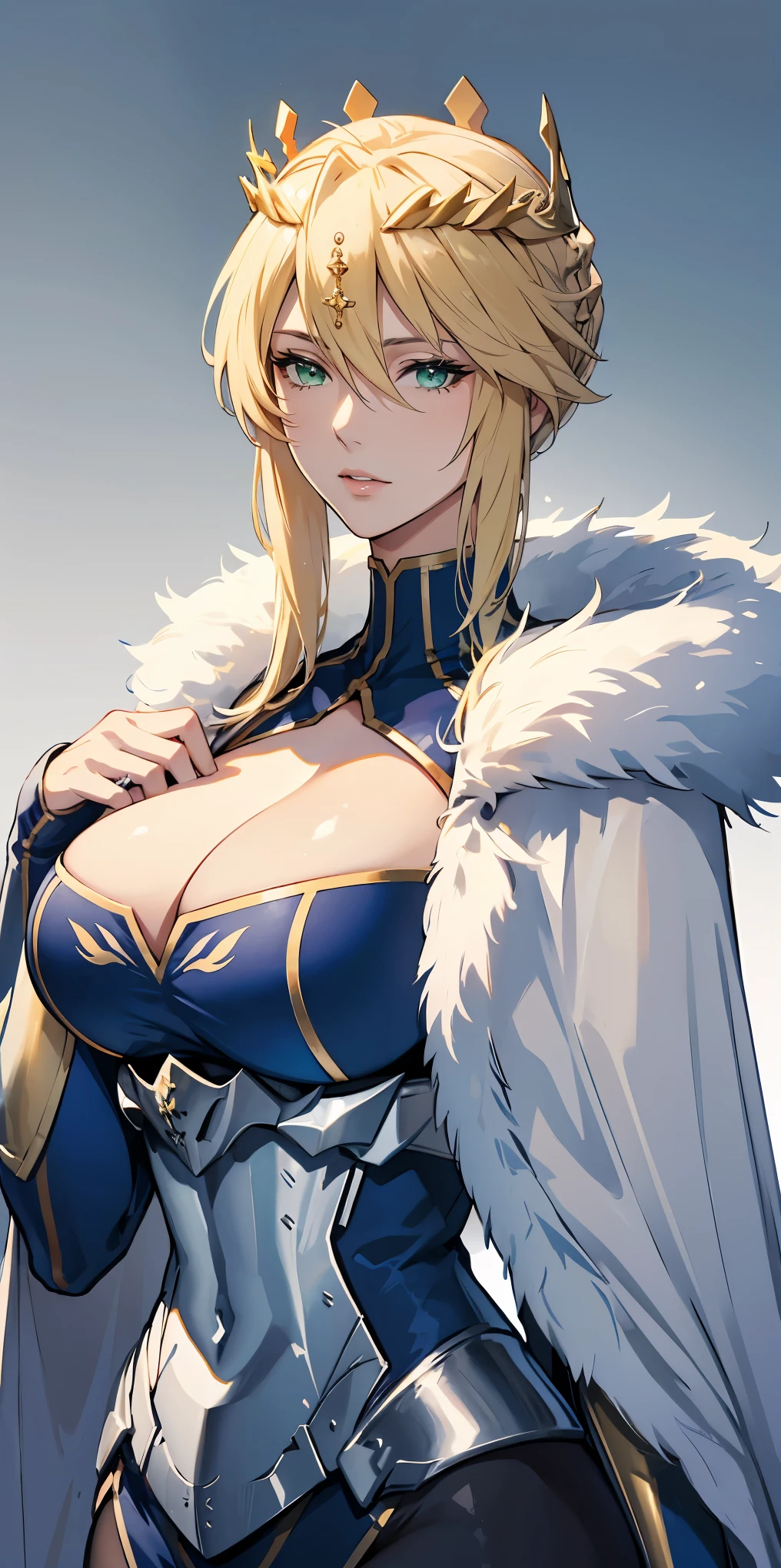 Artoria Lancer, mature woman, elegant, blonde hair, green eyes, casual clothes, crown, white cape, fur trim, portrait, upper body, curvaceous, 4k resolution, high quality