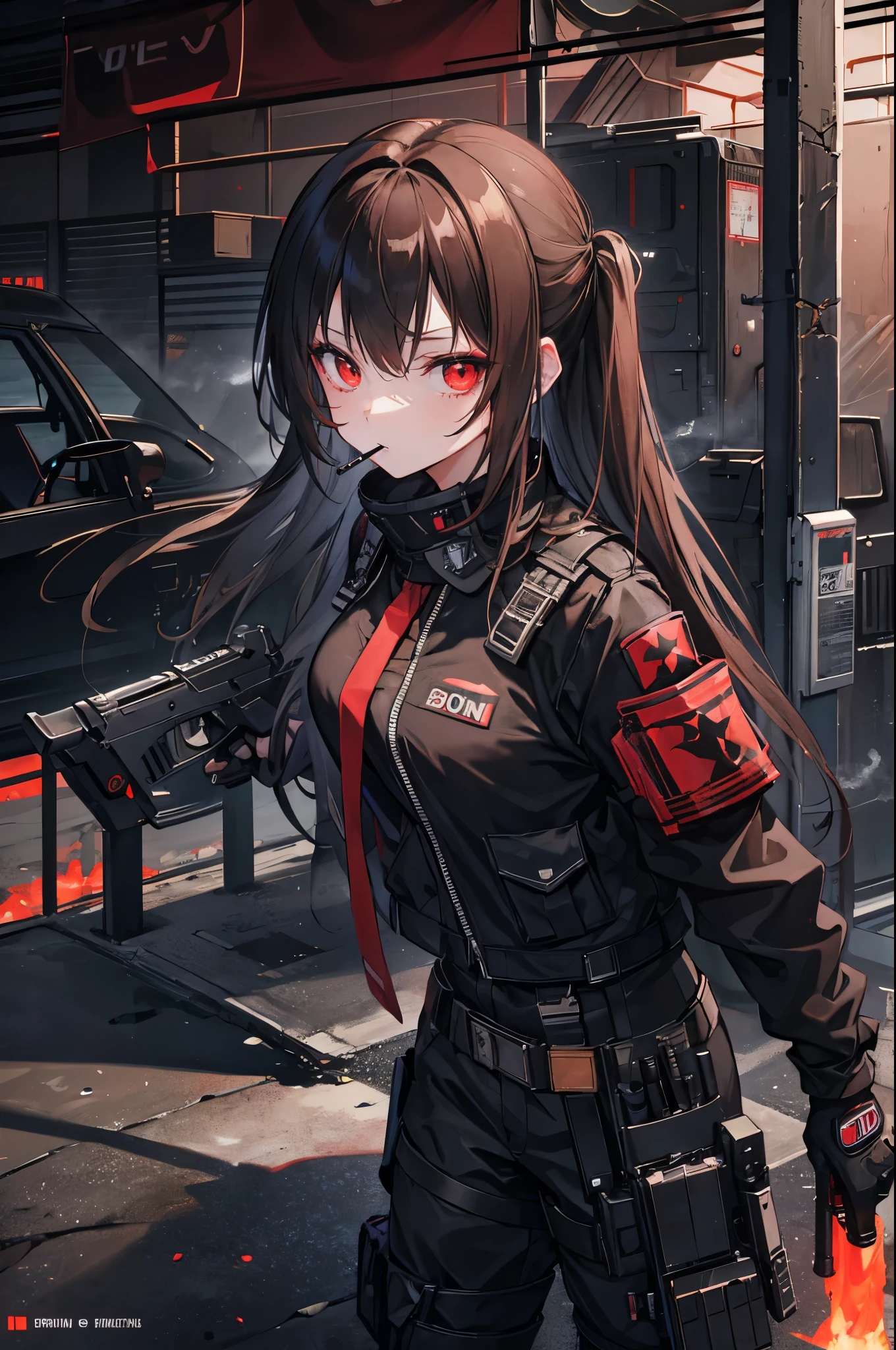 (Highest Quality), Anime girl, military gear, smoking blunt, gun, semi-automatic gun, night, abandoned warehouse, ballistic armor, drugs, white smoke, smoke, dark smoke, glaring, looking at viewer, album cover, glowing eyes, post-modernism, eye-height, black and brown theme, very dark theme, edgy, moody, weed, marijuana, blunt, red eyes, poster