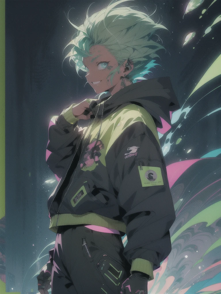 perfil de lado, a Androgynous in a green detalhes neon, Nijiexpressive_VI, hoodie standing ( ( bit flip | god of ai art ) ), beautiful smile mad! android woman, by Ram baleia orca alien, Androgynous character humana, cheio de armas, exoesqueleto cinza, detalhes neon, neon black smoke, naves pequenas ao redor, featured on amiami, trending on artstaion, cd jacket, horrific yet beautiful vibe, sligengine, artstatiom, inspired by Tokyo Ghoul, Niji_smile: 1> formato da imagem 3:4