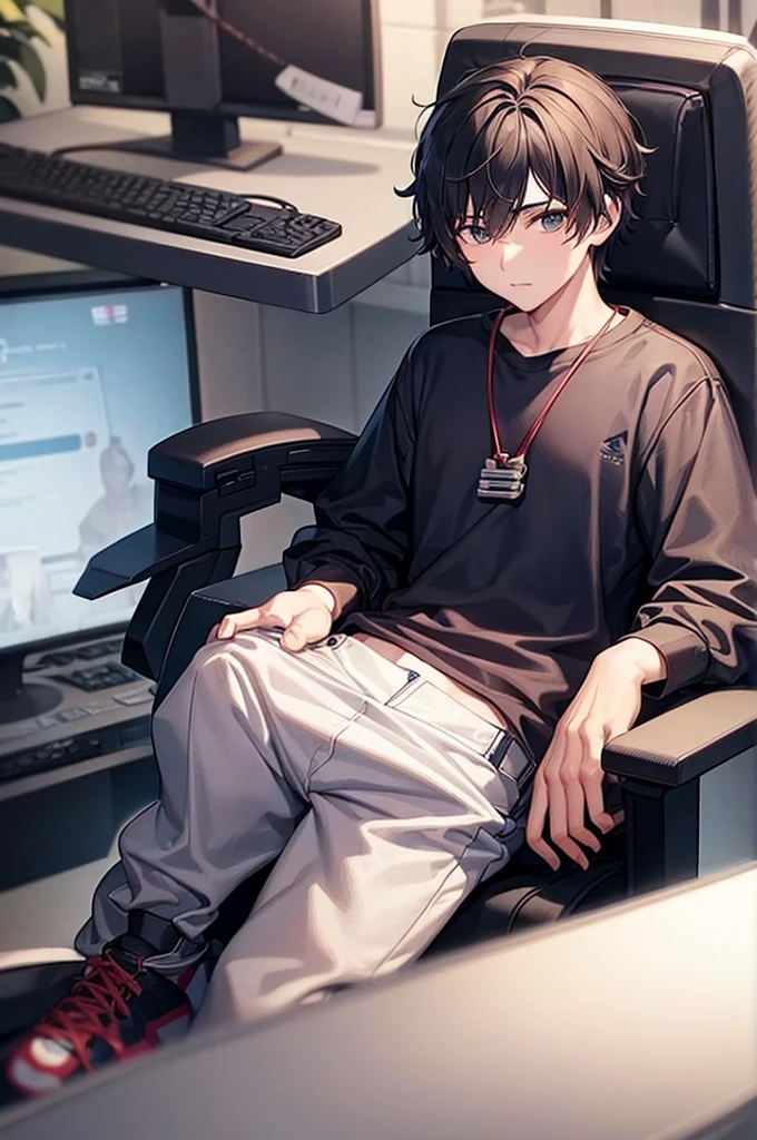 a 15 year old boy s with medium size hair sitting in a gaming chair he an streamer