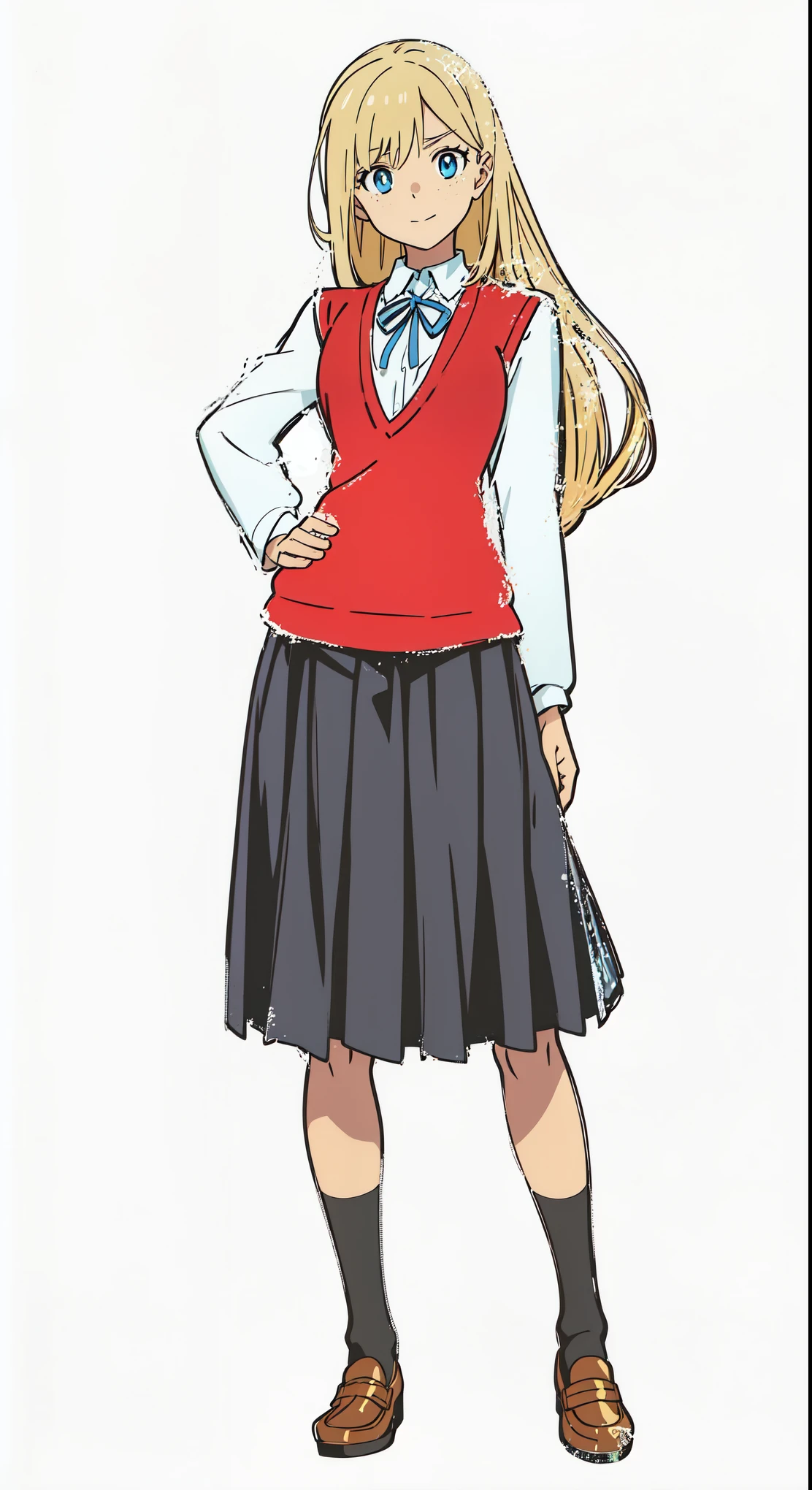 (best quality:1.0), (masterpiece:1.0), (super fine illustration:1.0), (beautiful artwork:1.0), (anime screencap:1.0), (official art:1.0), (european:1.0), (cheerful:1.0), (white background:1.0), (best quality:1.0), (masterpiece:1.0), (super fine illustration:1.0), (beautiful artwork:1.0), (anime screencap:1.0), (official art:1.0), (solo:1.0), (european:1.0), (a 18yo cute girl:1.0), (long skirt:1.0), (black skirt:1.0), (pleated skirt:1.0), (red knit vest:1.0), (white long sleeve collared shirt:1.0), (blue neck ribbon:1.0), (loafers:1.0), (black socks:1.0), (ideal ratio body proportions:1.0), (lanky:1.0), (tall:1.0), (slender:1.0), (small breasts:1.0), (smaller face:1.0), (tareme:1.0), (freckles:1.0), (detailed beautiful eyes:1.0), (detailed beautiful face:1.0), (glowing blue eyes:1.0), (long hair:1.0), (swept bangs:1.0), (blonde hair:1.0), (standing:1.0), (looking at viewer:1.0)