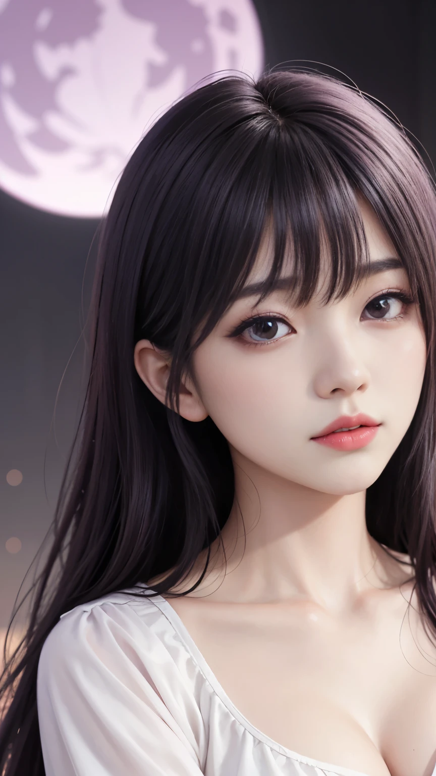 background(Black Night Sky,Big Moon),Close-up of a woman,Wearing a white shirt、Purple Hair,Very long hair,very thick braids,Purple eyes,big , realistic girl rendering, 8k artistic german bokeh, Enchanting girl, Real Girls, Gurwitz, Gurwitz-style artwork, Girl Roleplay, Realistic 3D style, cgstation Popular Topics,, 8K Portrait Rendering,(truth,truth:1.4),Wear pink pajamas,巨big ,Sparkling eyes,Purple eyes