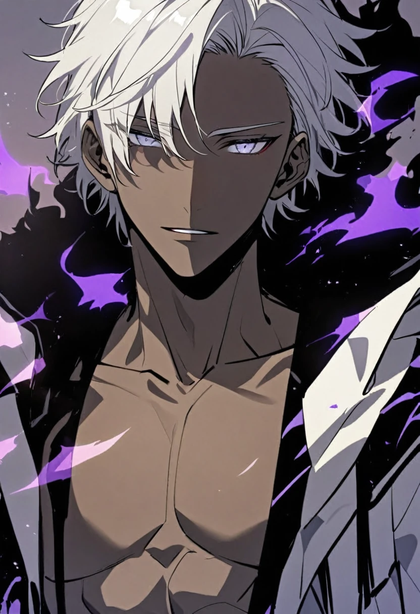 (((Dark skin))),Handsome, african man, solo, male, white short hair, hair covers left eye, silver eyes, shirtless, black pant, black and white coat, purple flames