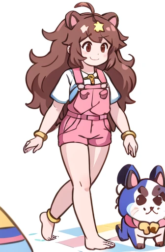 1girl, long brown hair, messy hair, star hair ornament, denim overalls, puppy ears, whiskers, brown eyes, barefoot, short sleeves, walking, gold bracelet, brave smile