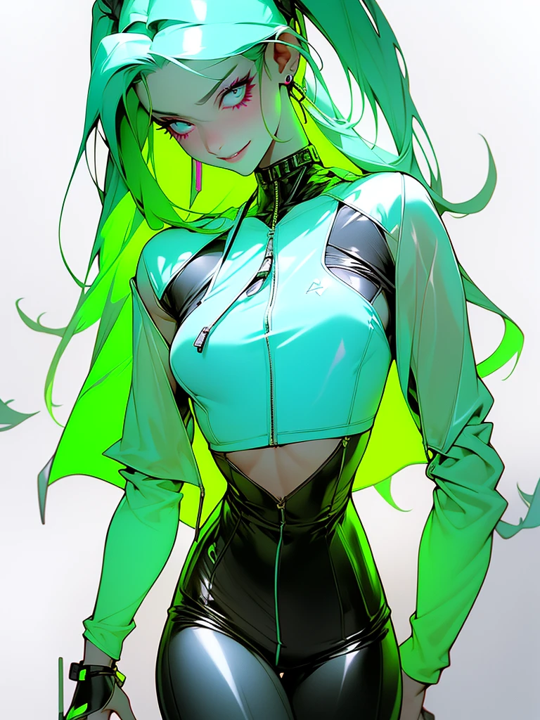 perfil de lado, a beautiful woman Androgynous in a green detalhes neon, Nijiexpressive_VI, hoodie standing ( ( bit flip | god of ai art ) ), beautiful smile mad! android woman, by Ram baleia orca alien, Androgynous character humana, cheio de armas, exoesqueleto cinza, detalhes neon, neon black smoke, naves pequenas ao redor, featured on amiami, trending on artstaion, cd jacket, horrific yet beautiful vibe, sligengine, artstatiom, inspired by Tokyo Ghoul, Niji_smile: 1> formato da imagem 3:4