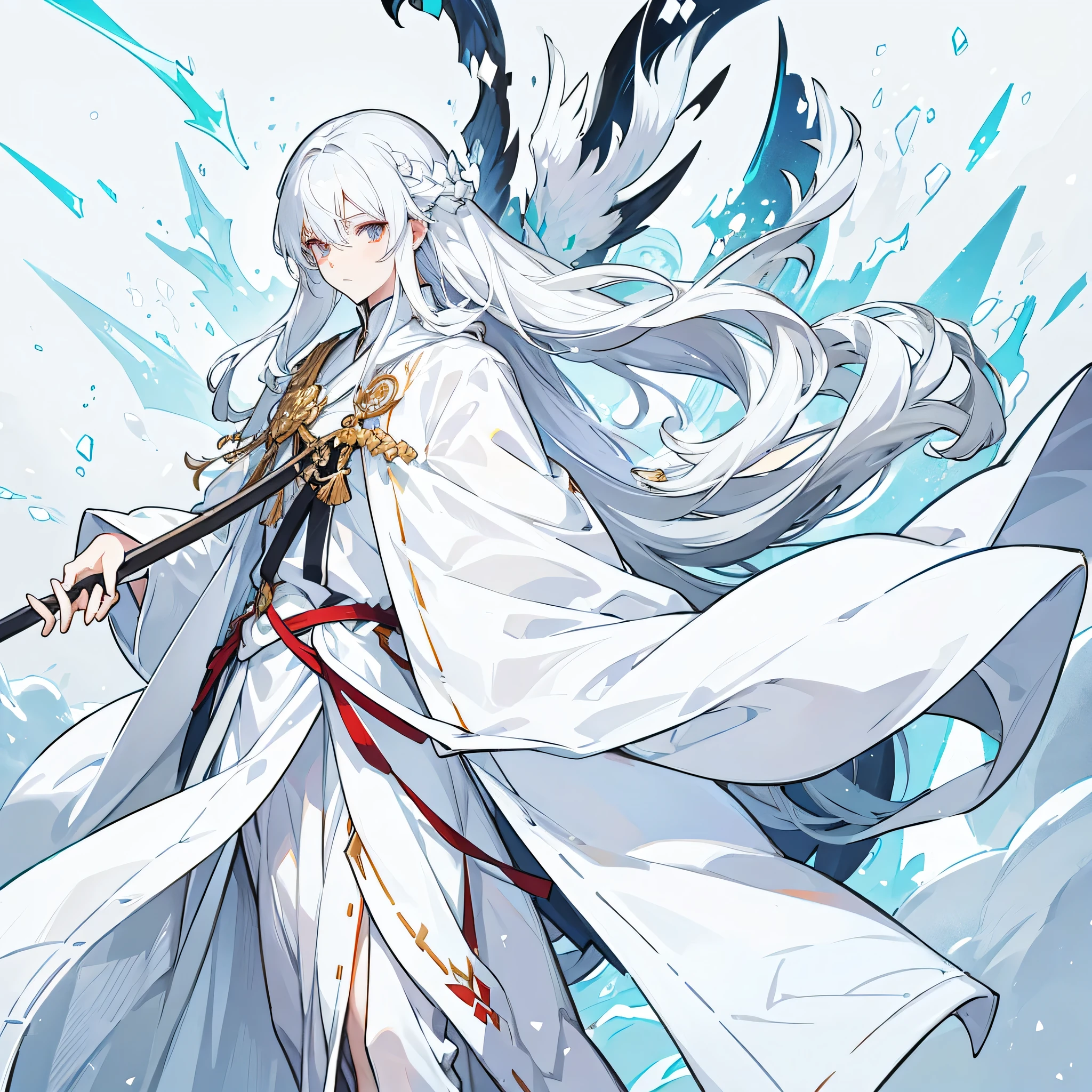 Long white hair,White Robe,male,Snow-white eyes,white accessories,Holding a silver-white spear,indifferent,anime style,Height 175cm