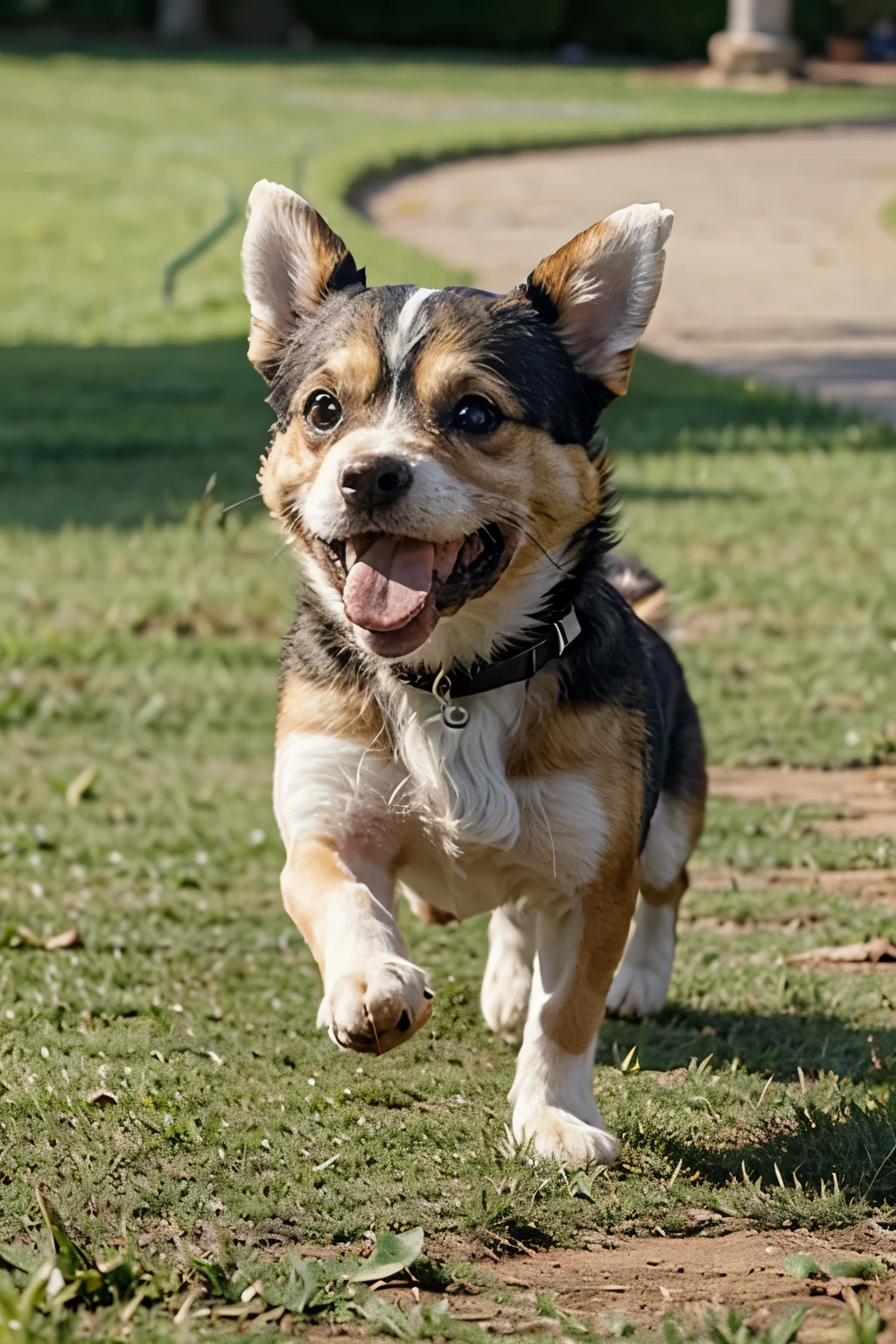 Small furry dog with a smile and tongue out running on a large lawn, na foto deve ter bastante margem