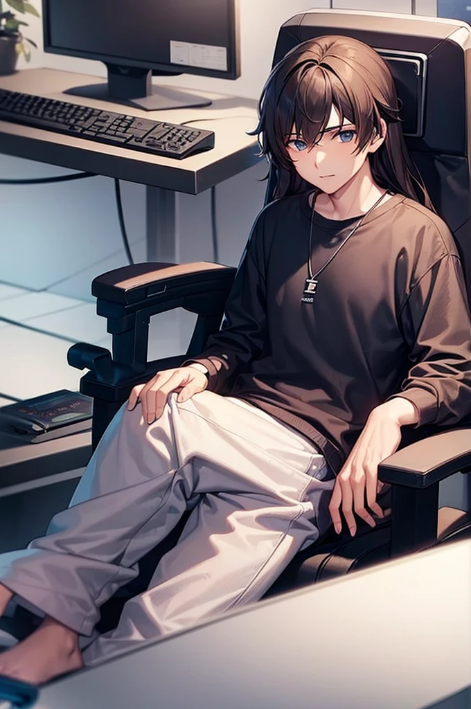 a 16 year old boy with long brown hair sitting in a gaming chair he an streamer